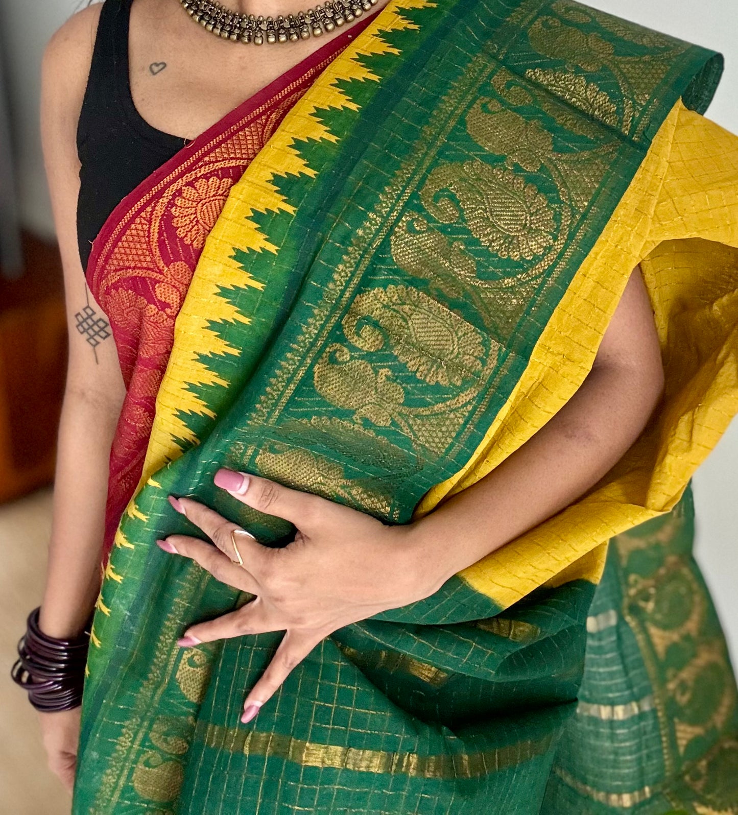 Sungudi cotton checks, mustard yellow base, maroon and dark green dual tone border, soft cotton - YCCOTNMSJUL11