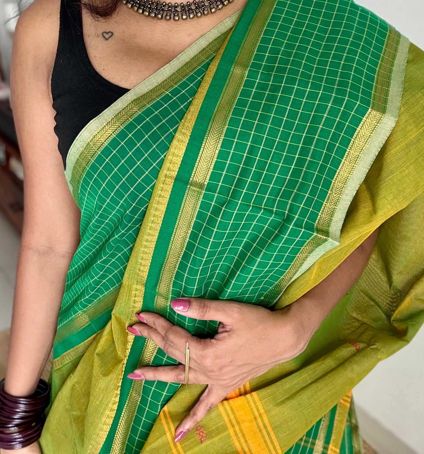 Light green and dark green contrast, Chettinad cotton saree with checkered border - YCCOTNMA274