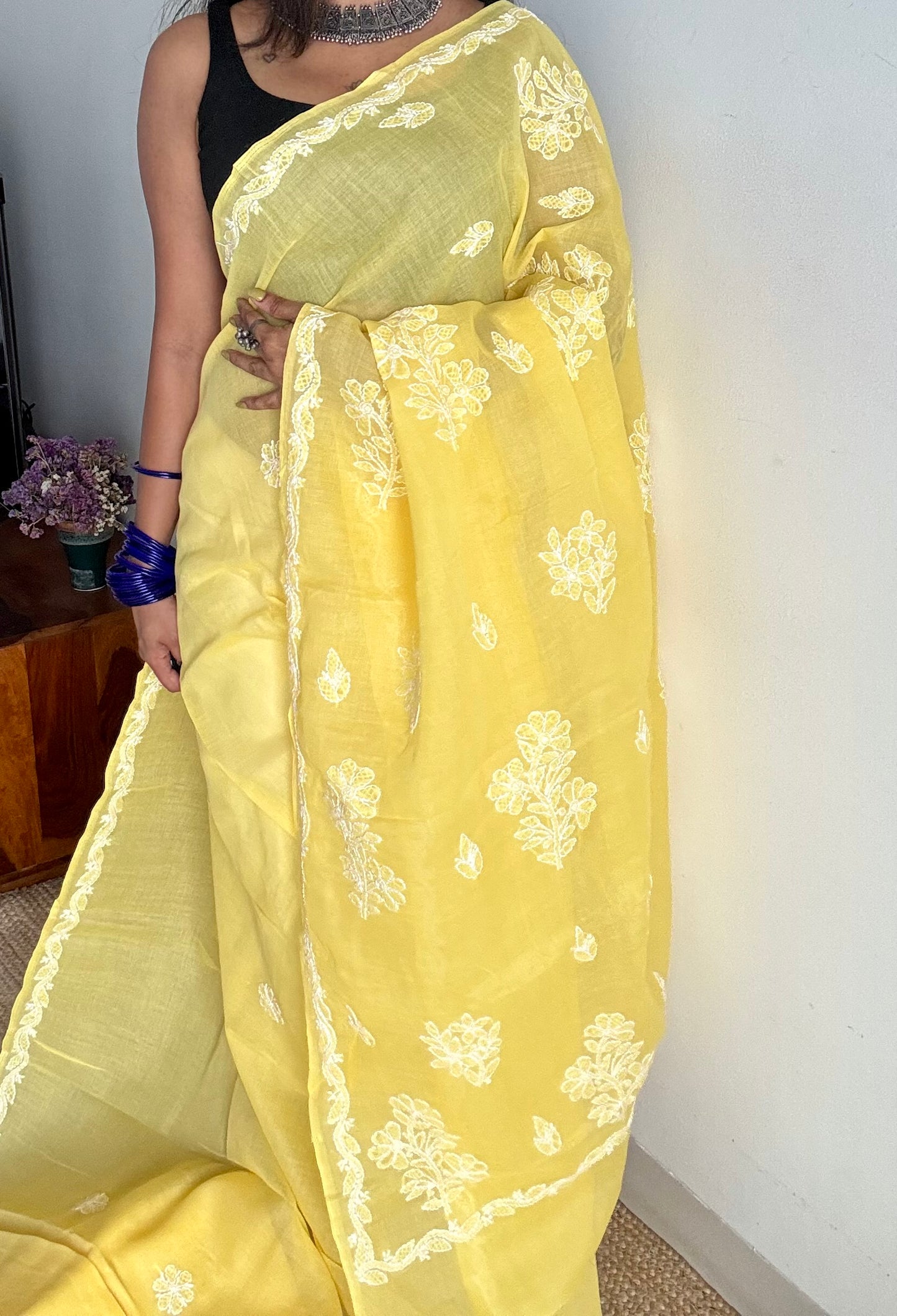 Roshni - canary yellow hand-embroidered chikankari cotton saree - YCLCKFE420