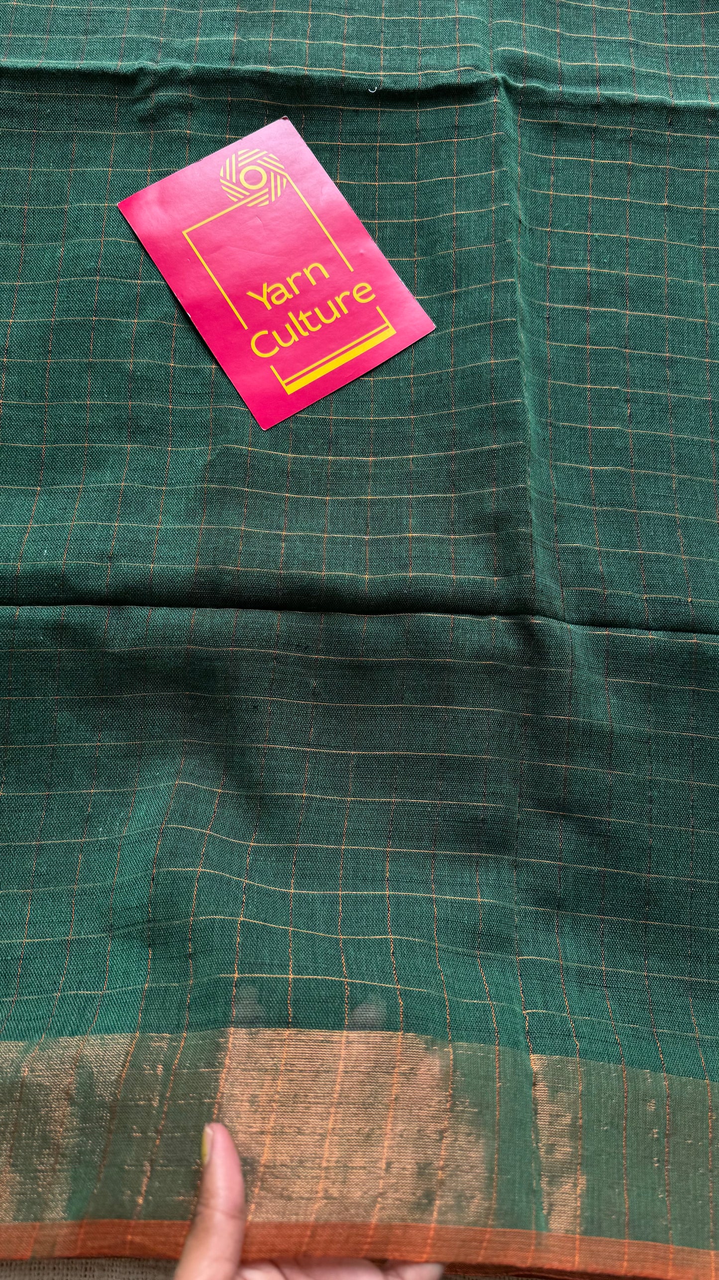 Green linen by cotton saree, gold checks & copper zari pallu - YCBCLCAP56