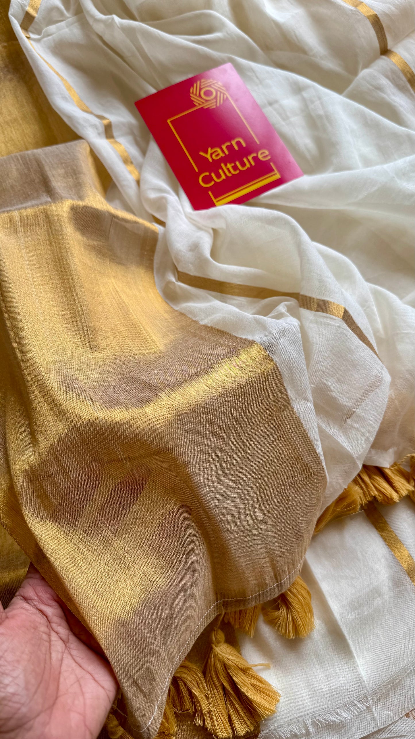 Ivory mul saree, wide gold zari border - YCIEON39