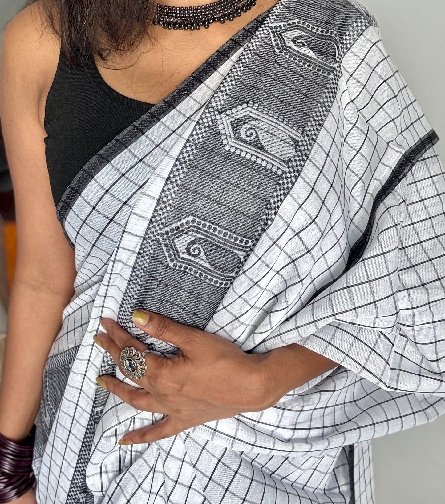 Dhonekhali handloom soft cotton saree, black and white checks, black thread motif worked border - YCBCDFE265