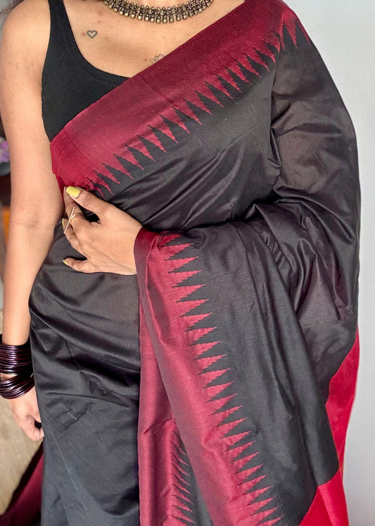 Black with maroon temple border, cotton silk - YCCOTNCSDE95