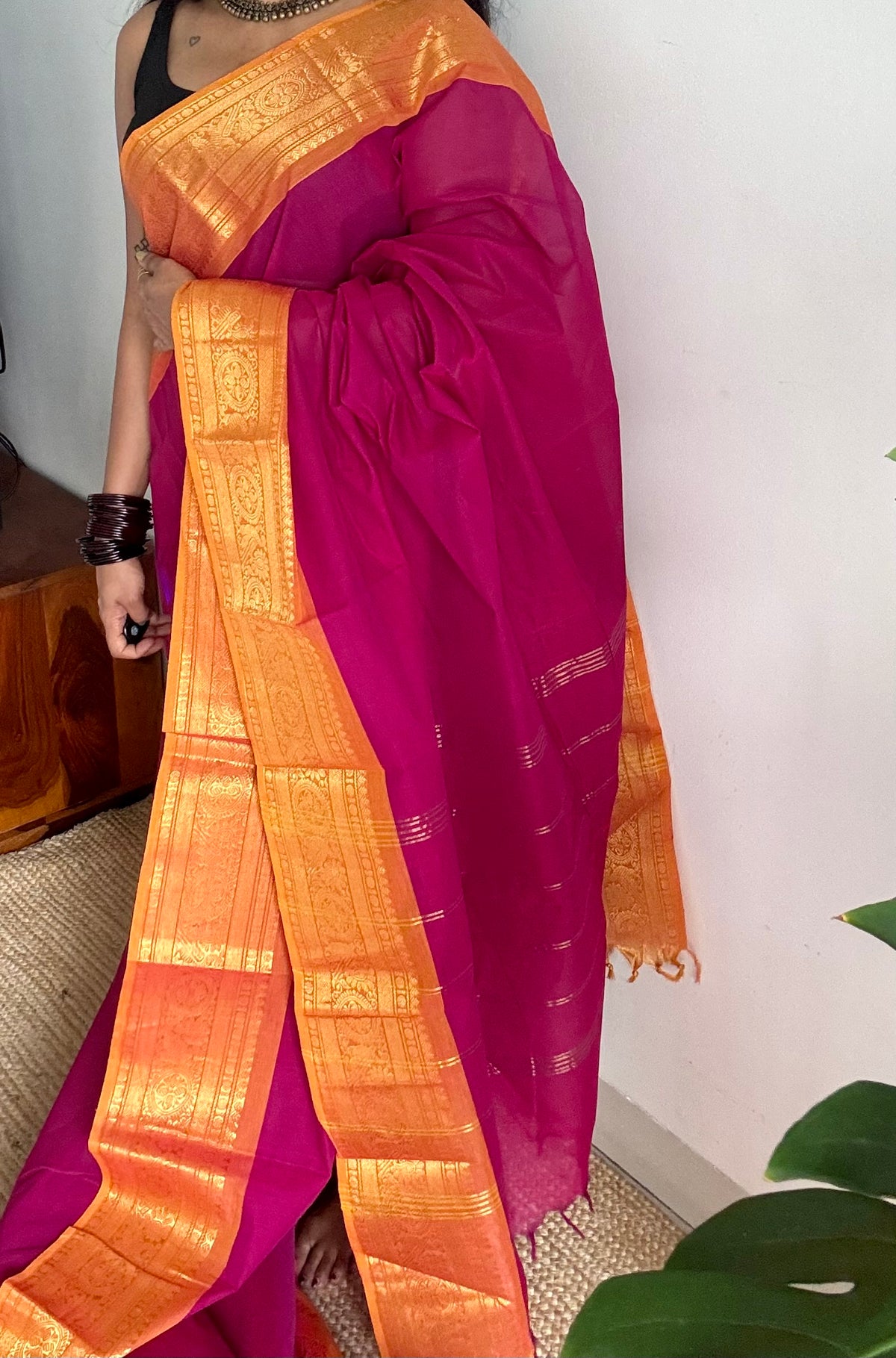 Magenta with turmeric yellow zari border chettinad cotton saree - YCCOTNCKSE17