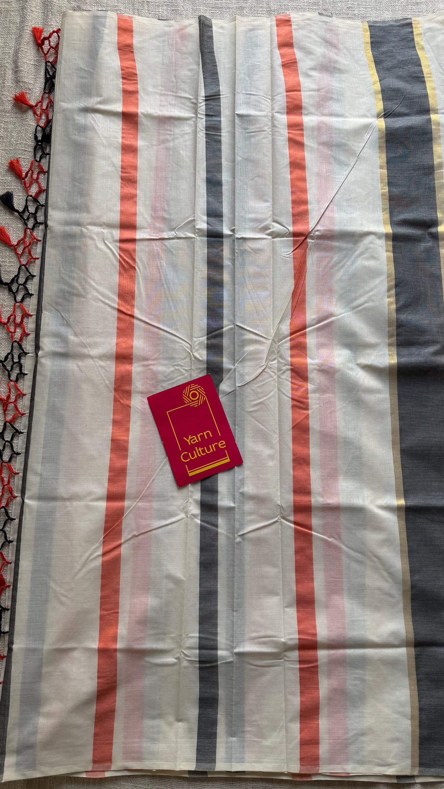 Ivory Kerala cotton saree with peach and dark grey stripes - YCIEKCFE305