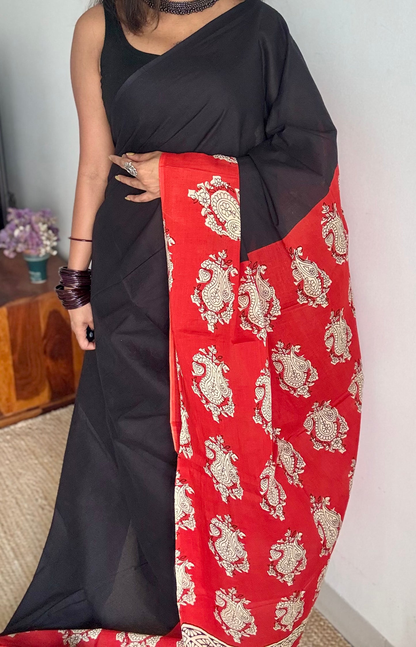 Black with red floral one sided border, soft cotton saree - YCTORCMA05