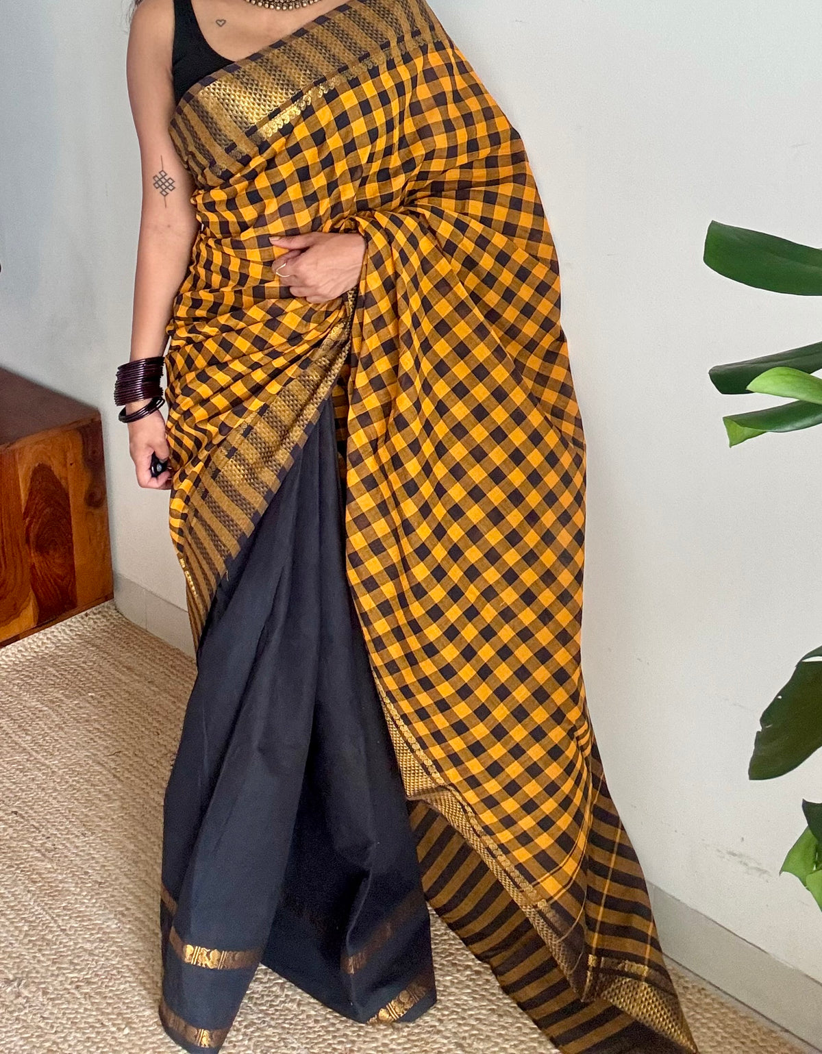 Yellow and black checks with black, sungudi and chettinad cotton half-half saree - YCCOTNIDOC29