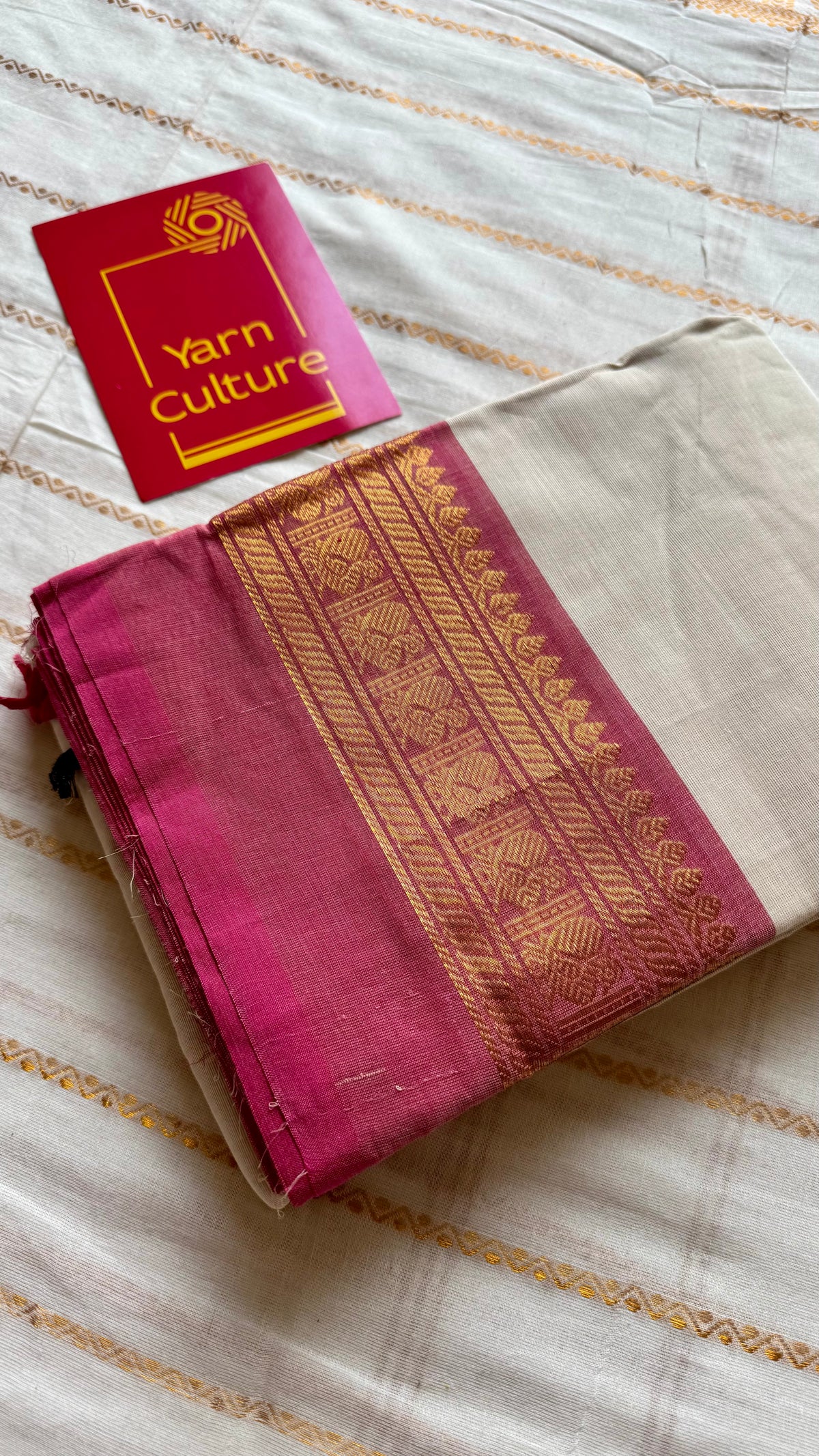 Ivory with pink and black ganga jamuna zari border kanchi cotton saree - YCCOTNCKSE22