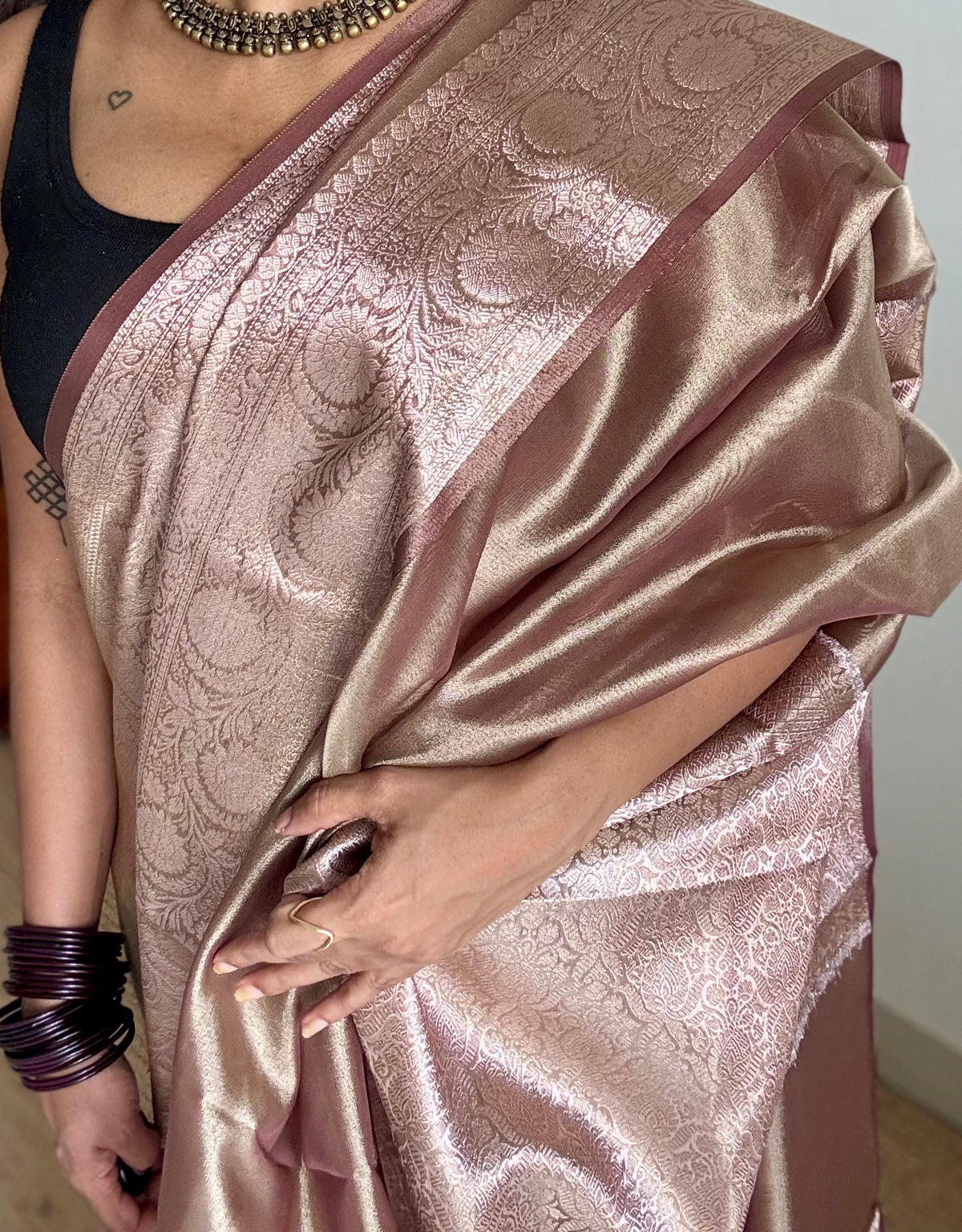 Champagne brown tissue Banarasi saree with zari border - YCBLTOC83
