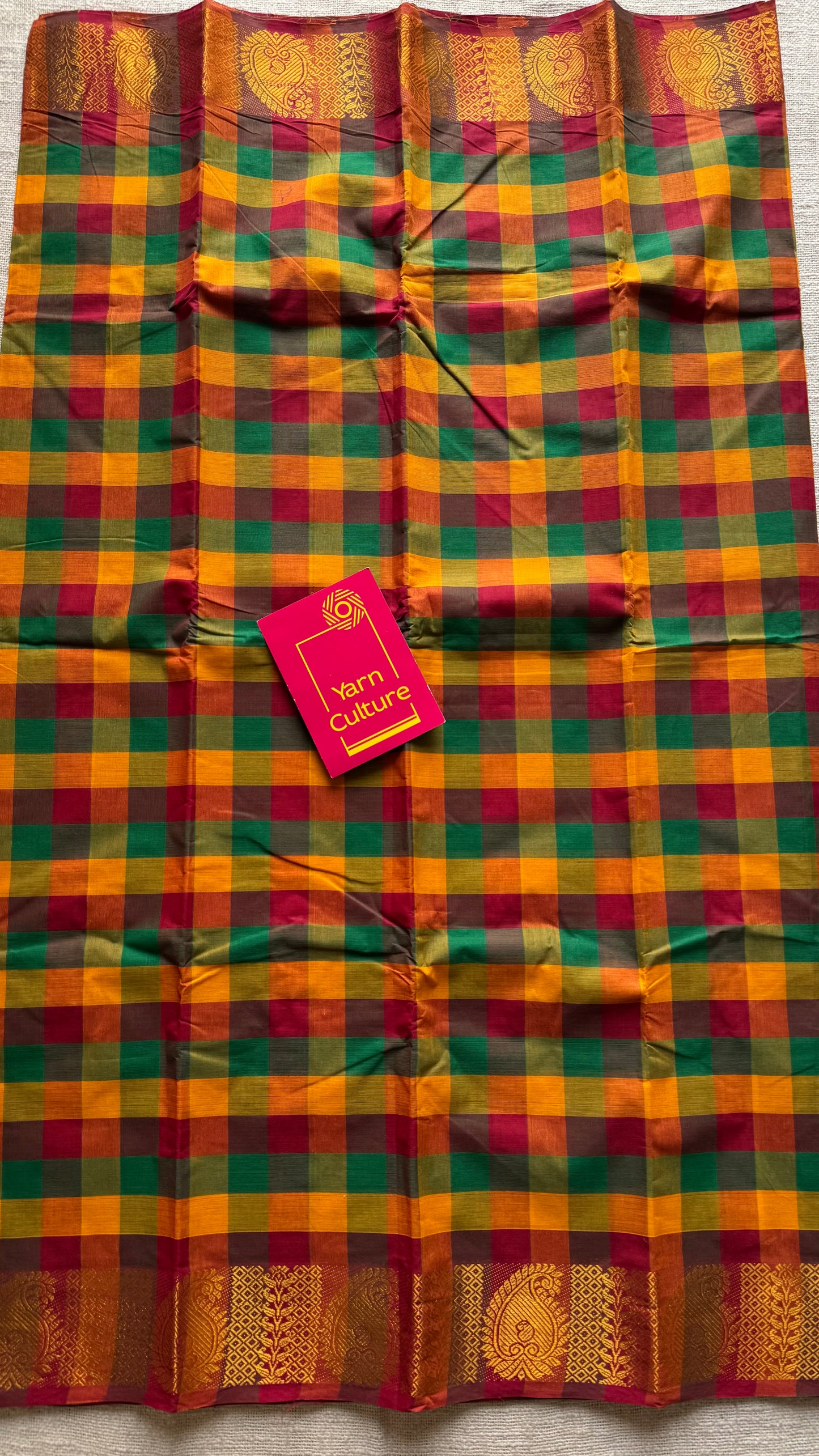 Multicolour Chettinad cotton saree with paalum pazhamum checks (green, yellow, orange, maroon) - YCCOTNCCFE340