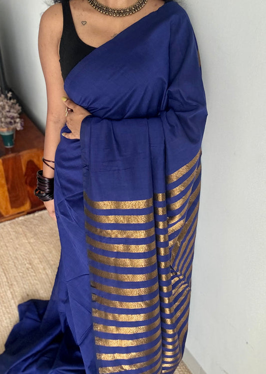 Royal blue khadi with antique gold pallu - YCBCKZPSE04