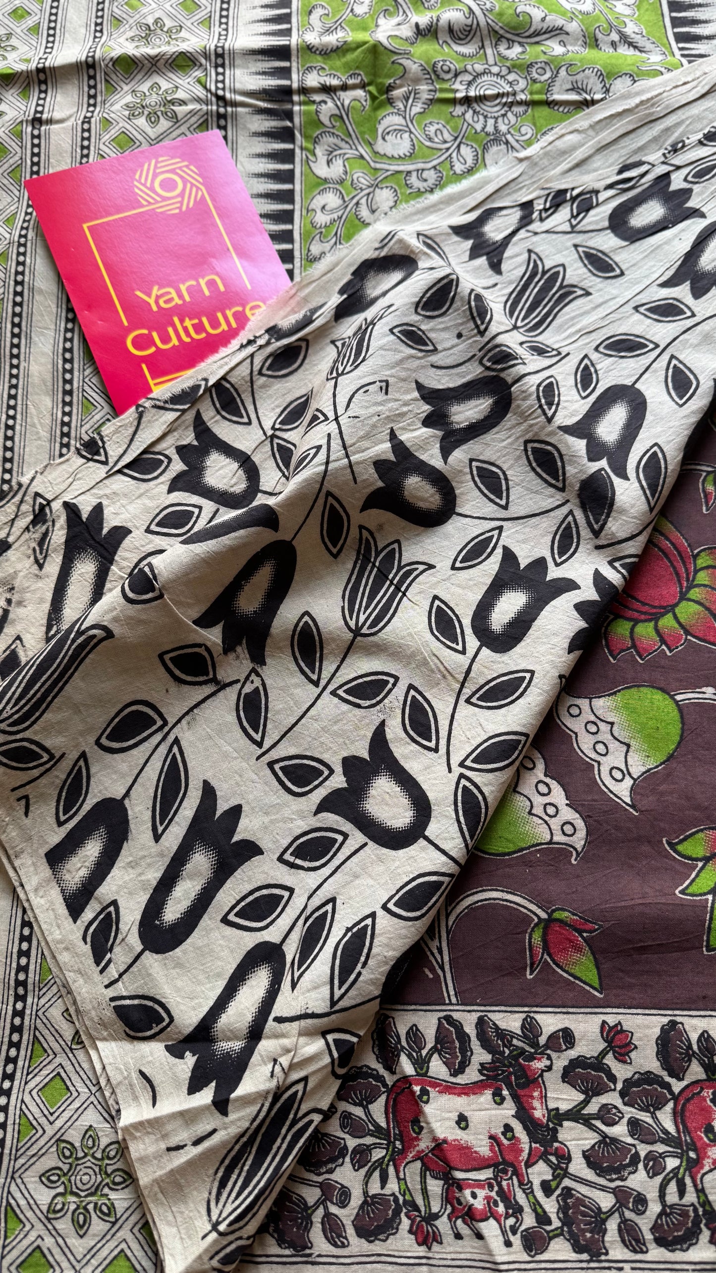 Brown kalamkari saree, multicoloured floral vines, soft cotton - YCWOTDMA344