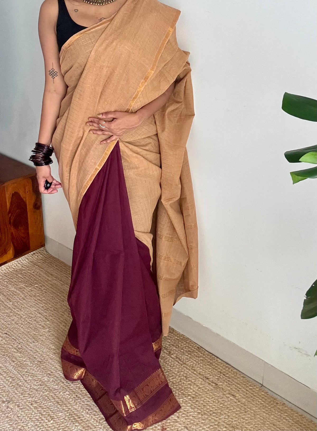 Maroon and cream, sungudi and chettinad cotton half-half saree - YCCOTNIDOC28