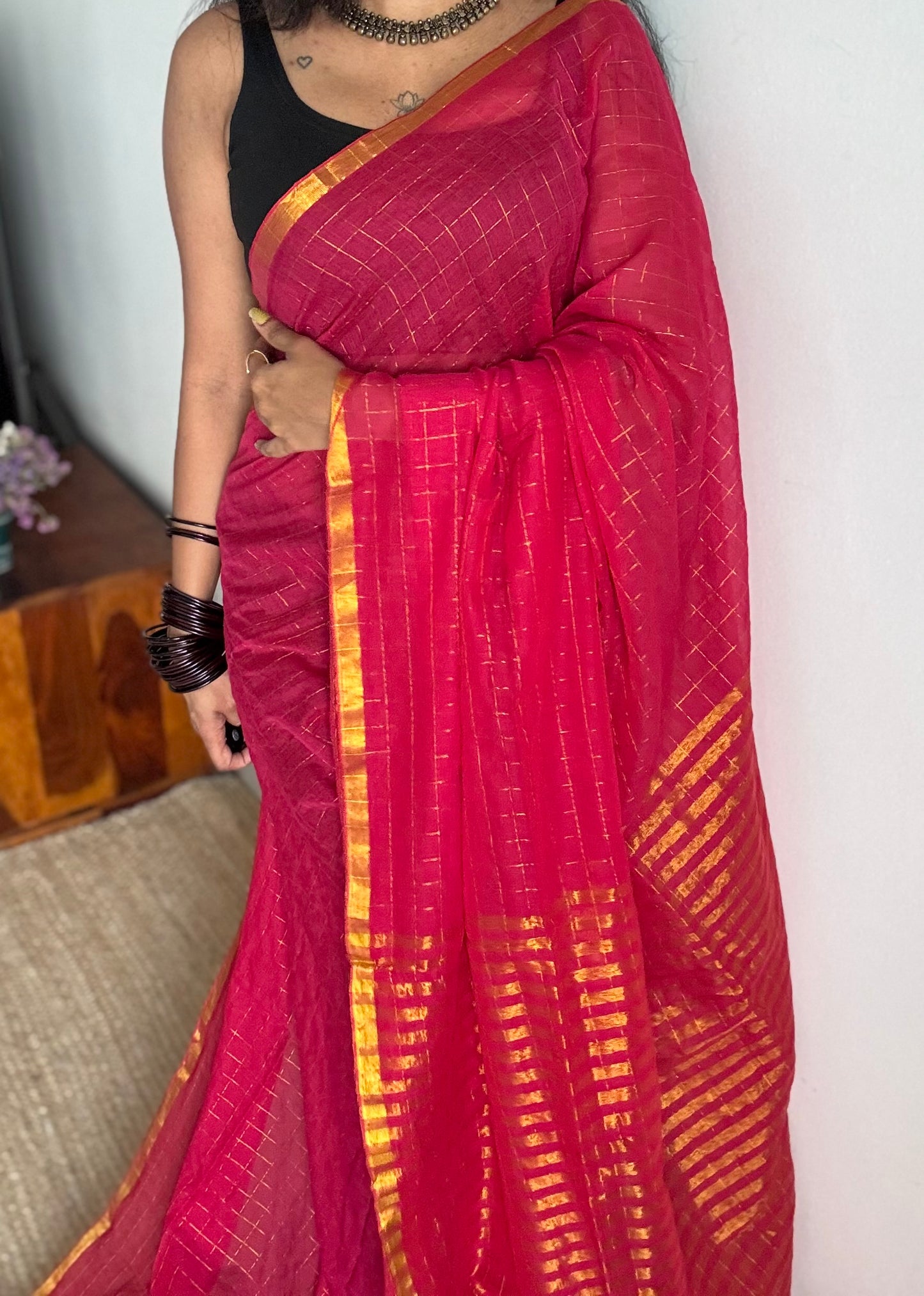 Hot pink mul with gold checks and zari border - YCBCMCJA05