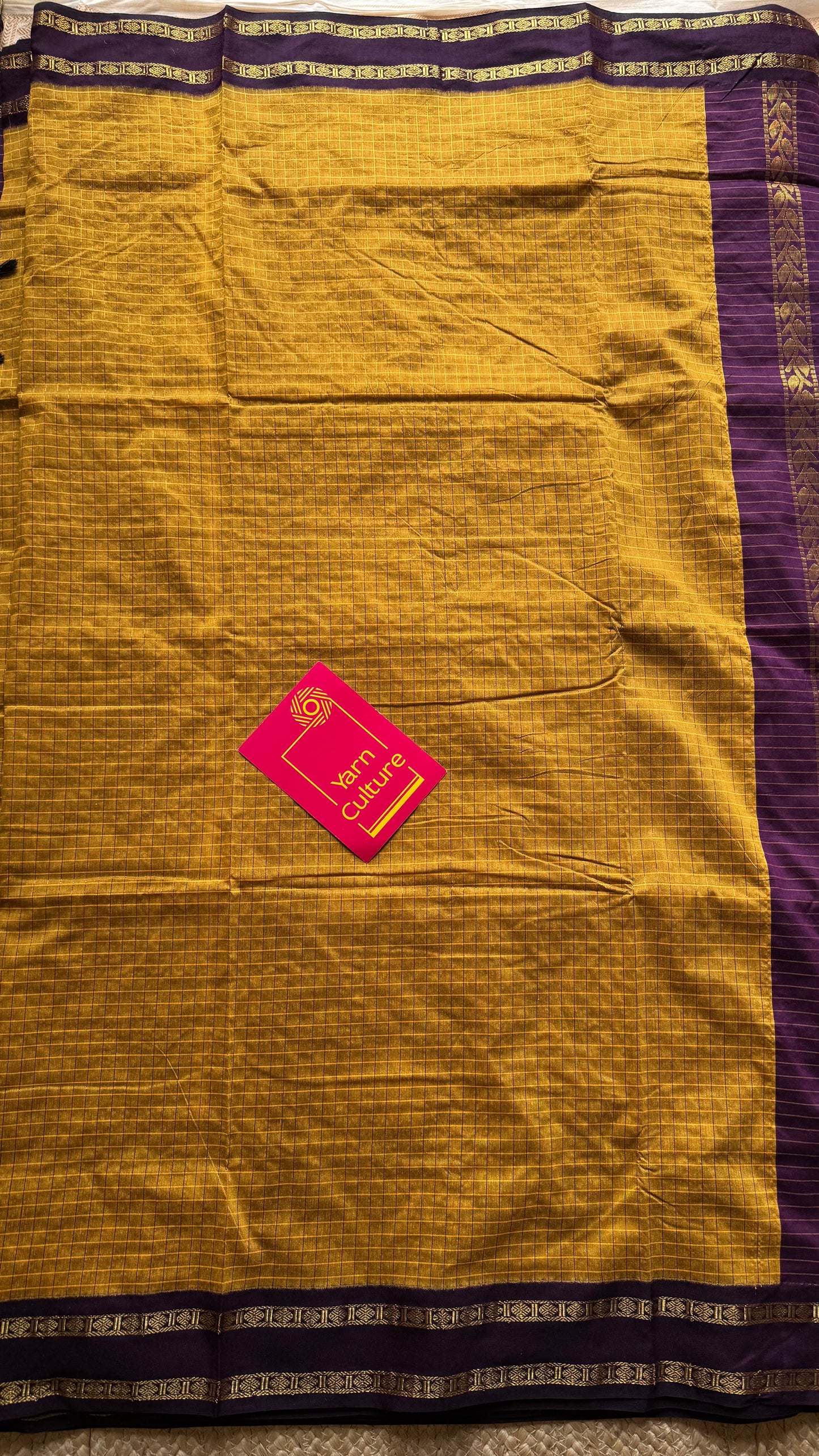 Yellow with wine contrast arani checkered saree, cotton silk - YCCOTNMA278