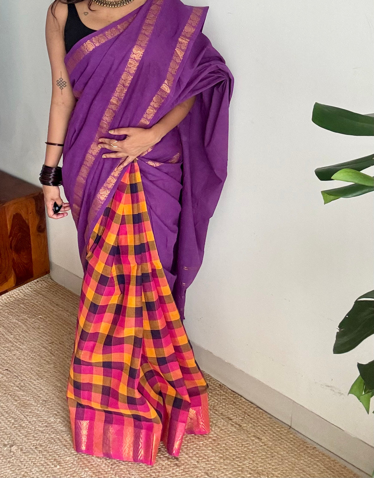 Purple with multicolour checks, sungudi and chettinad cotton half-half saree - YCCOTNIDOC34