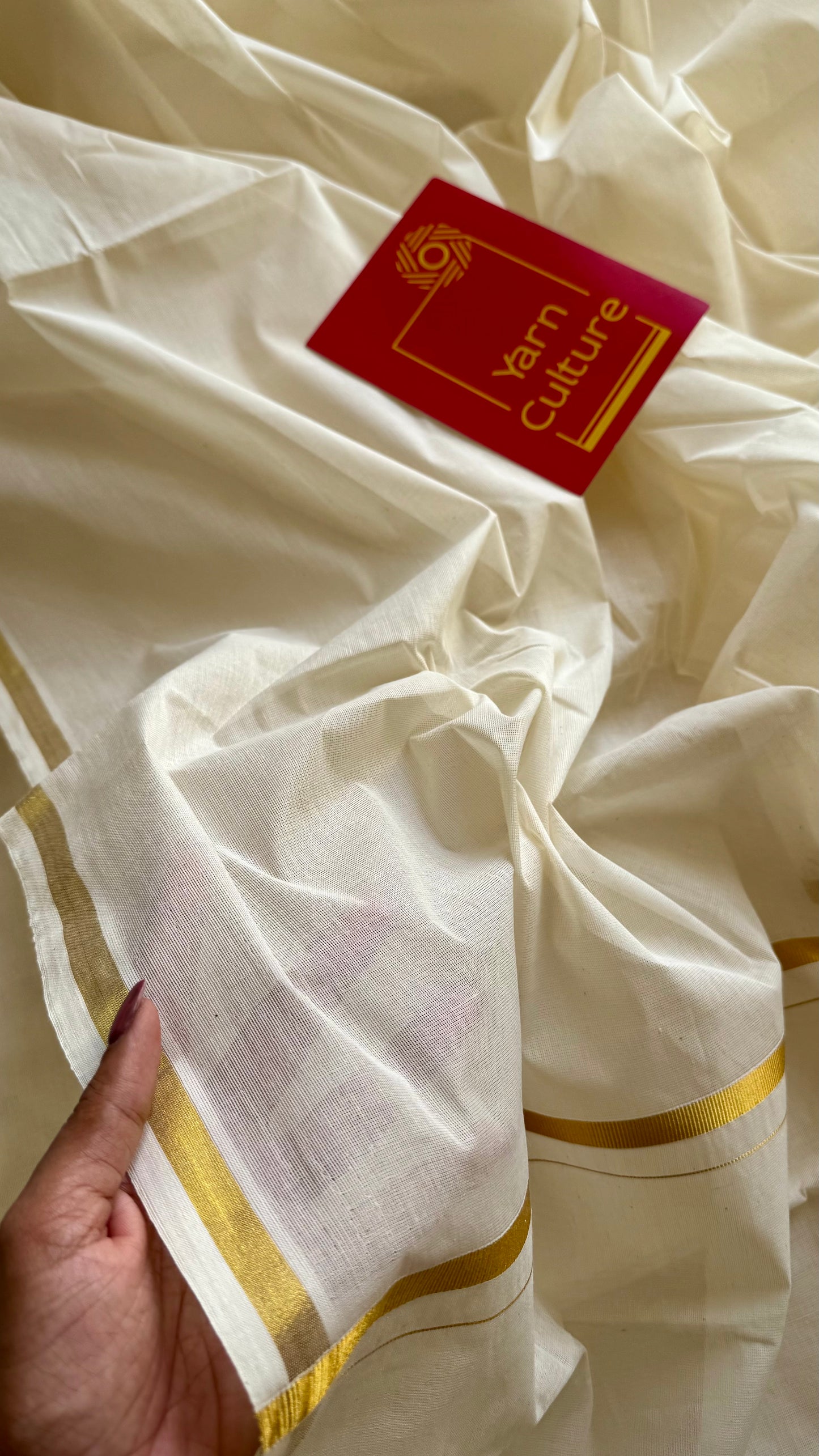 Ivory and gold soft cotton kasavu saree, thin gold border - YCIEON69