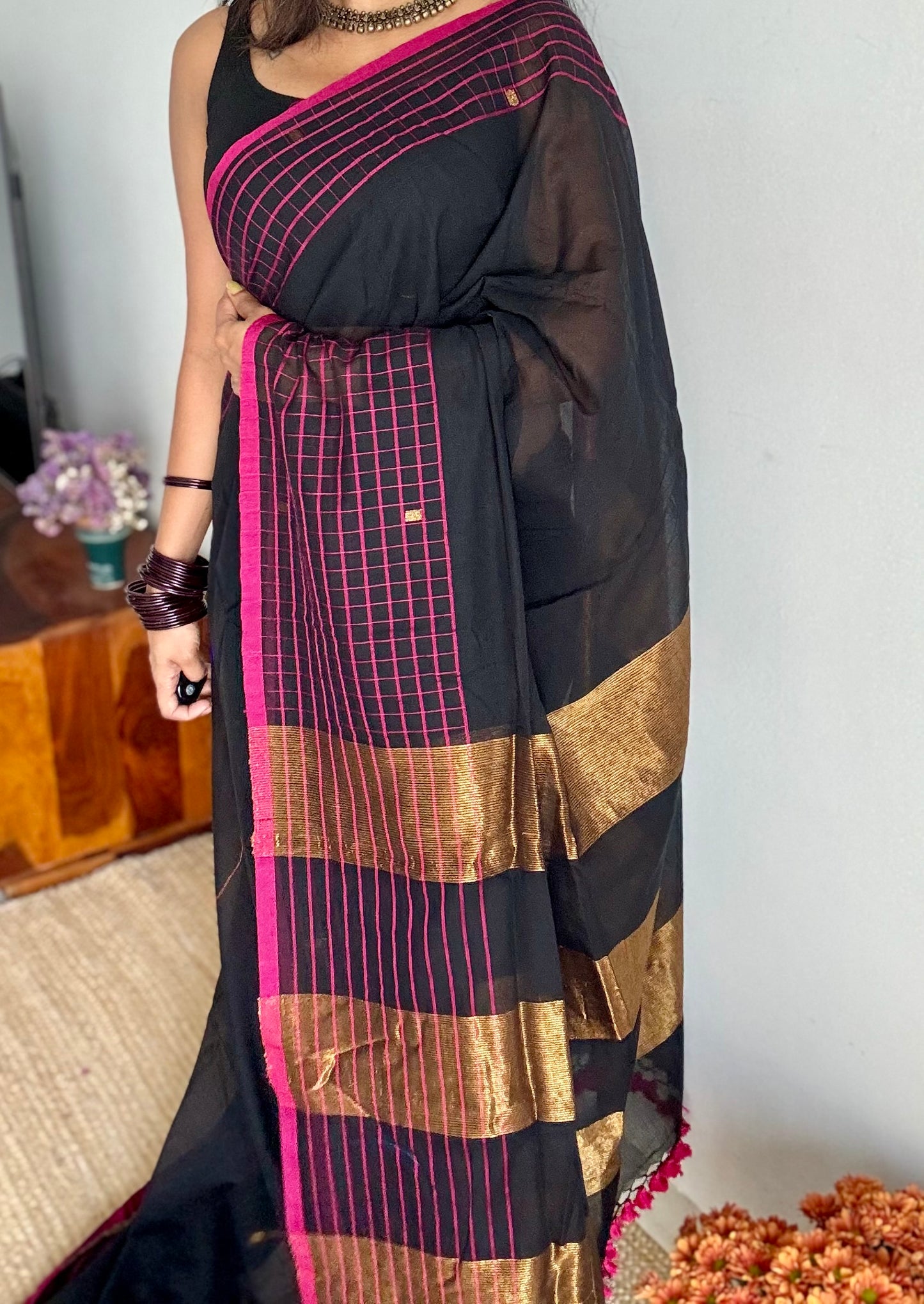Black handloom mul saree with pink checkered borders and antique gold buttas - YCBCMCFE385