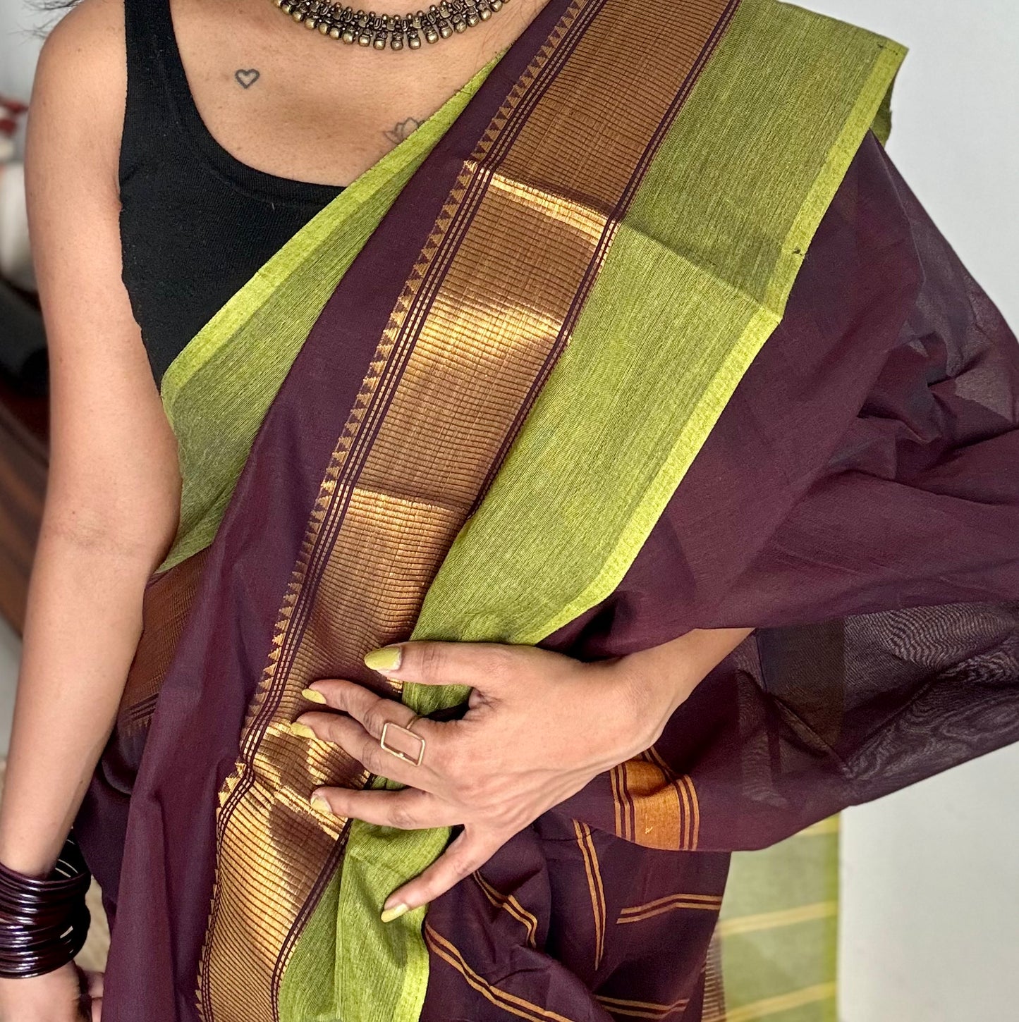 Chettinad cotton saree in brown with green and gold border - YCCOTNJUCC09