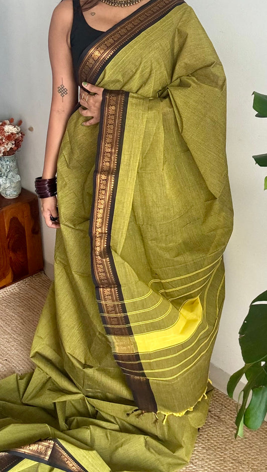 Green with thin black zari border, kanchi cotton saree - YCCOTNCCOC117