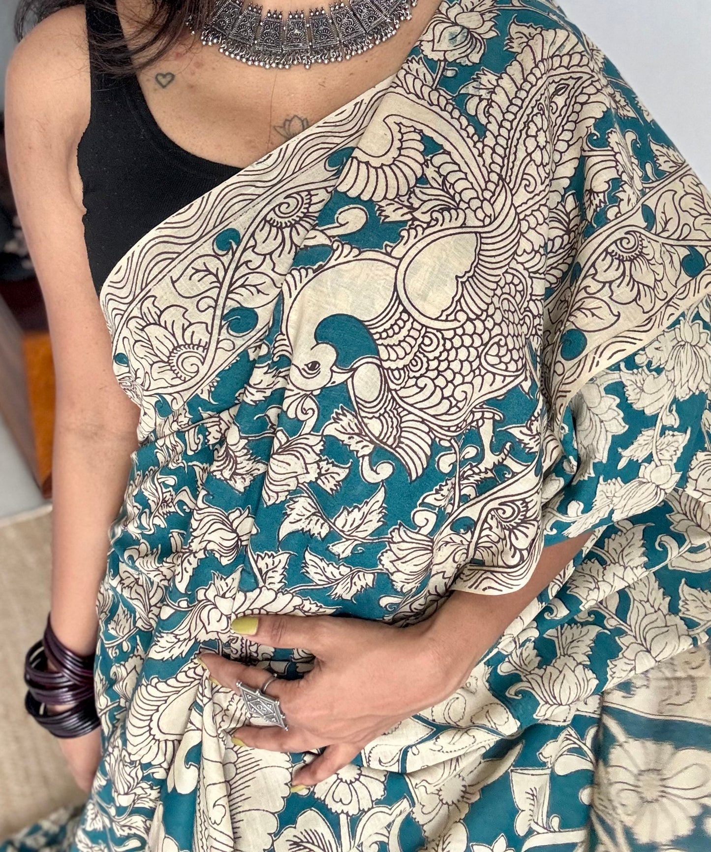 Teal with beige kalamkari, floral vines, soft cotton - YCWOTDOCMP89