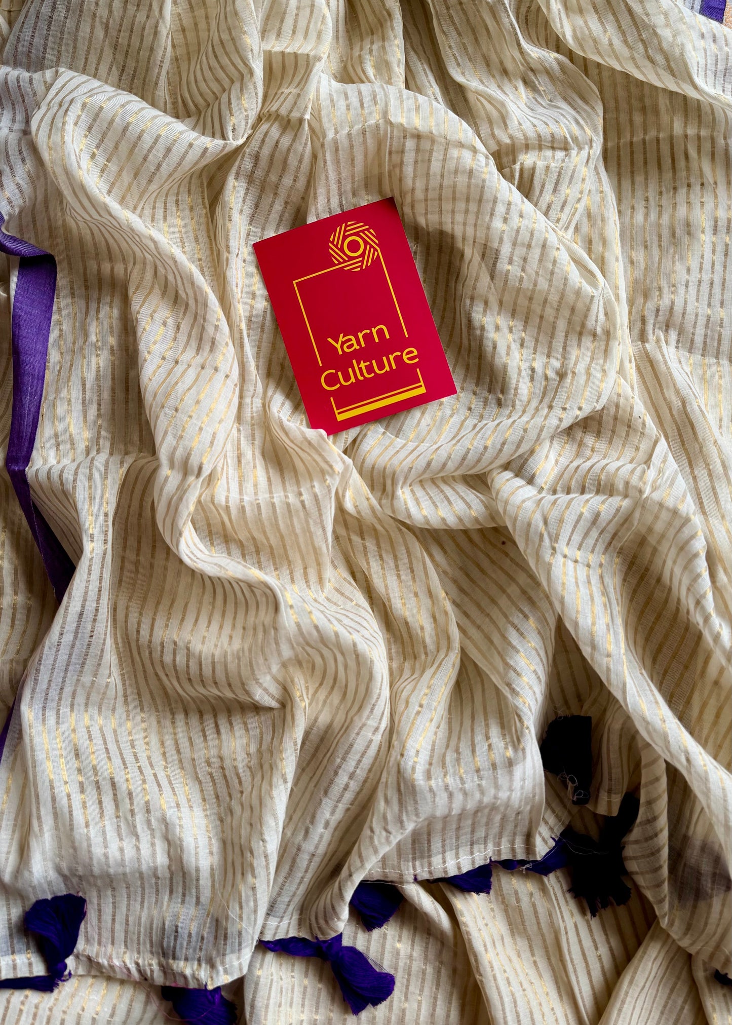 Ivory mul saree, gold stripes, purple border - YCIEON21