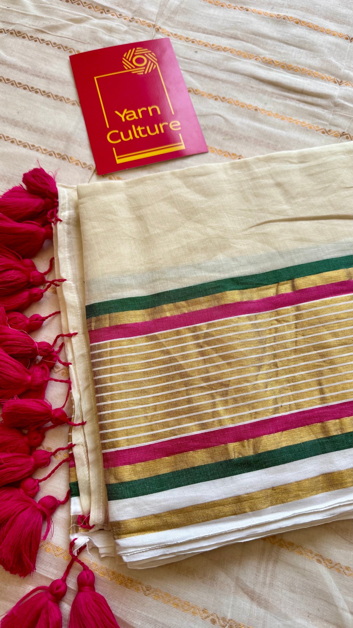 Ivory mul saree, hot pink, green and gold striped border - YCIEON14