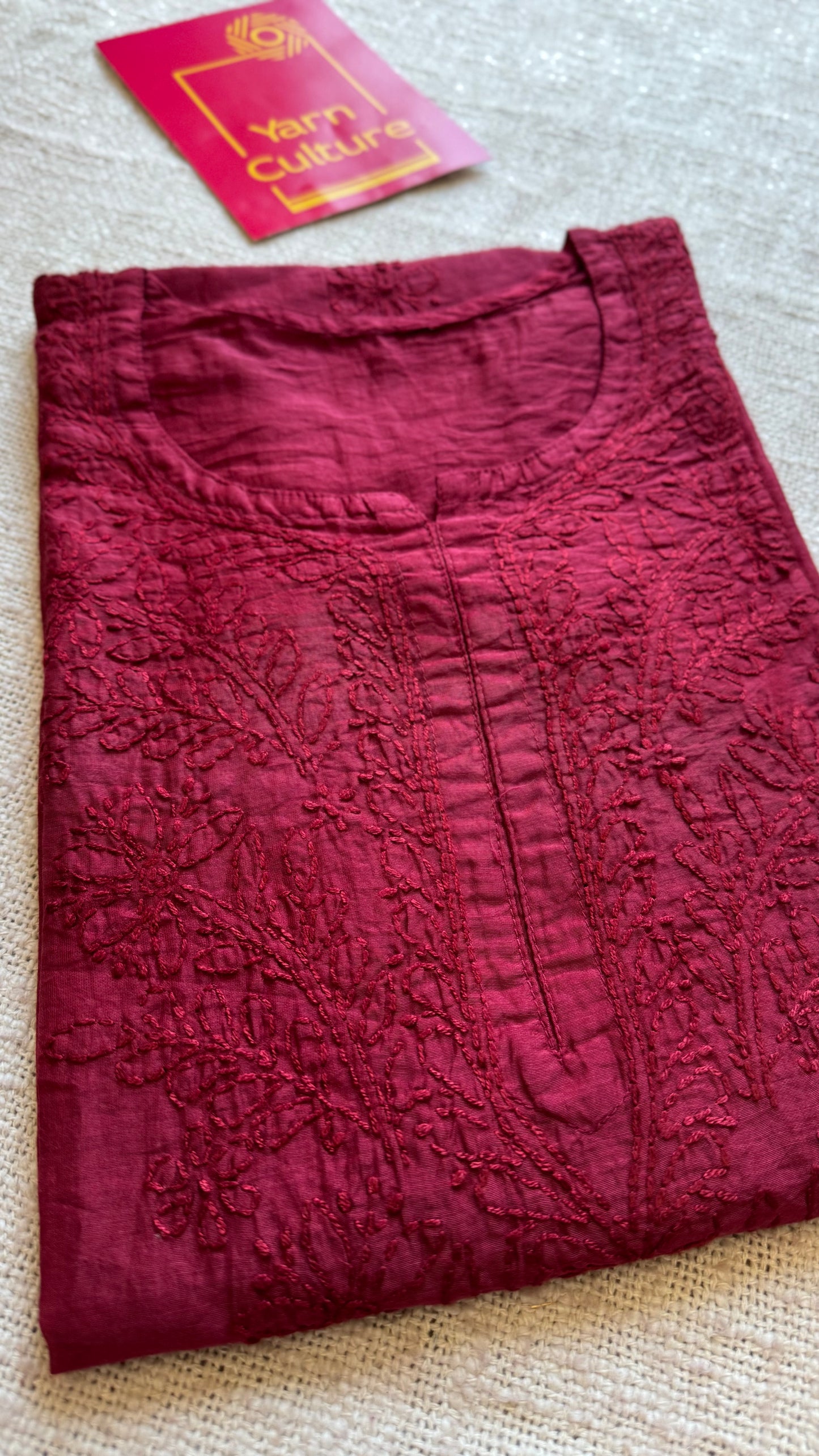 Deep carmine muslin chanderi chikankari with bakhiya work, stitched kurta, round neck, three fourth sleeves - YCSECK21
