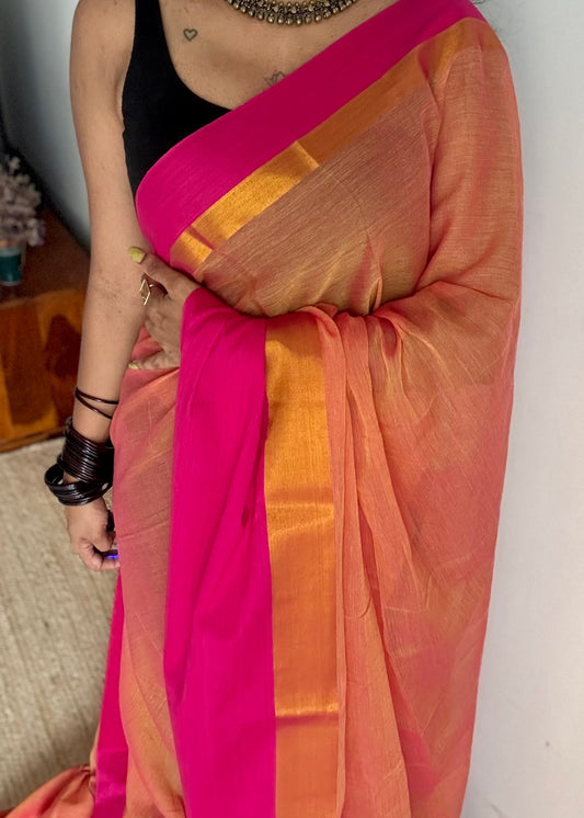 Dual tone orange with contrast dark pink border, gold zari - YCBCMCLSE14