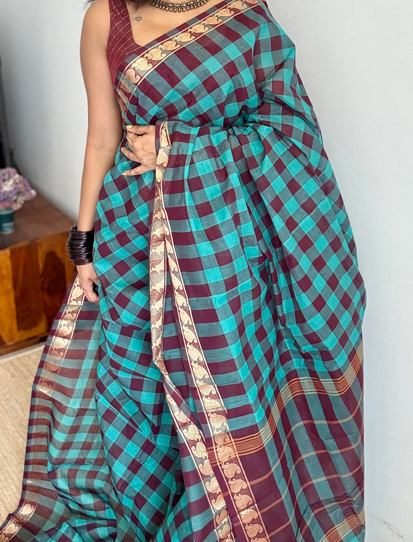 Multicolour Chettinad cotton saree with Paalum Pazhamum checks (Aqua Blue, Cyan & Brown) - YCCOTNCCFE151