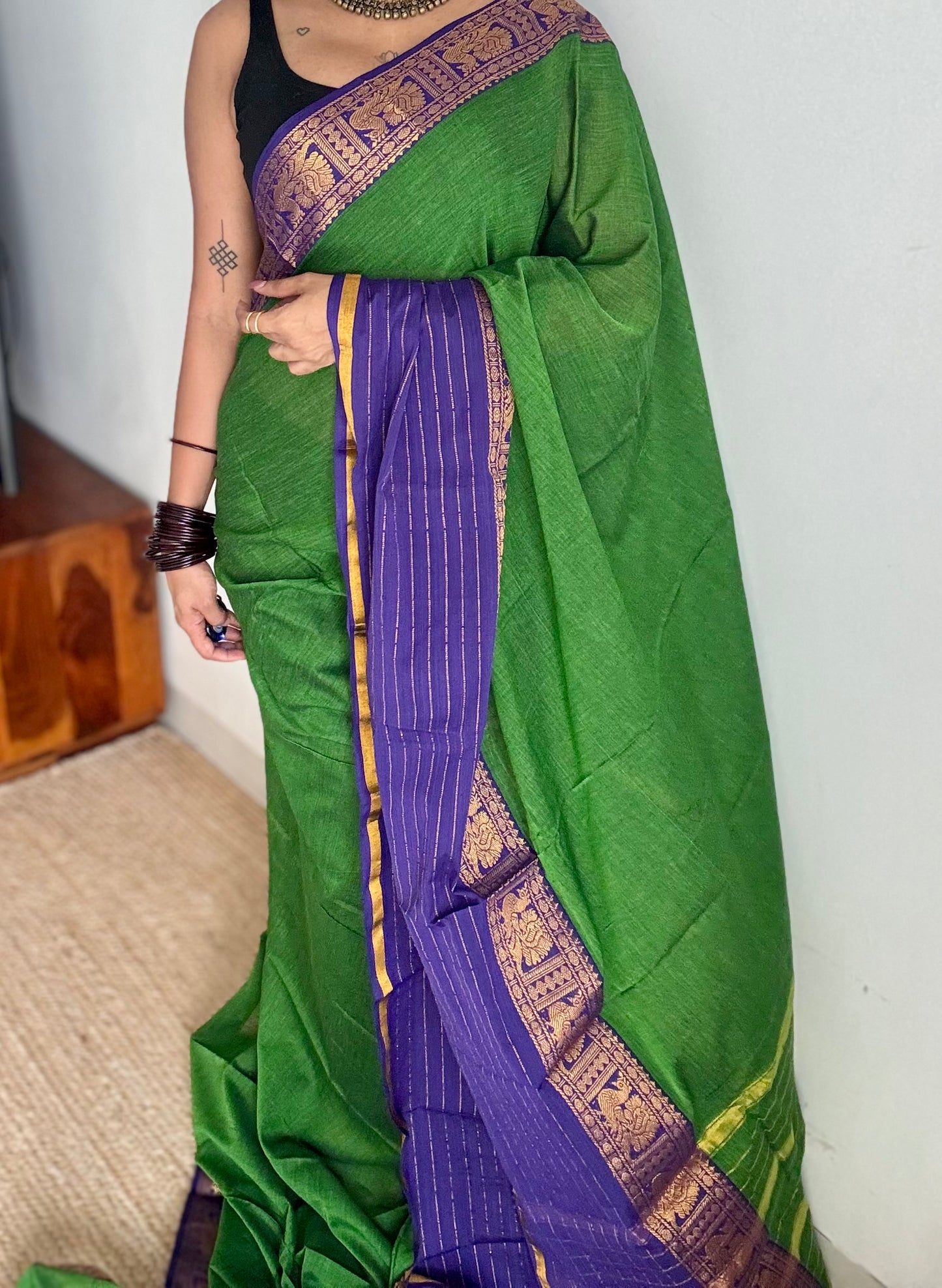 Green with blue border, premium narayanpet soft cotton - YCWOTDAUG09