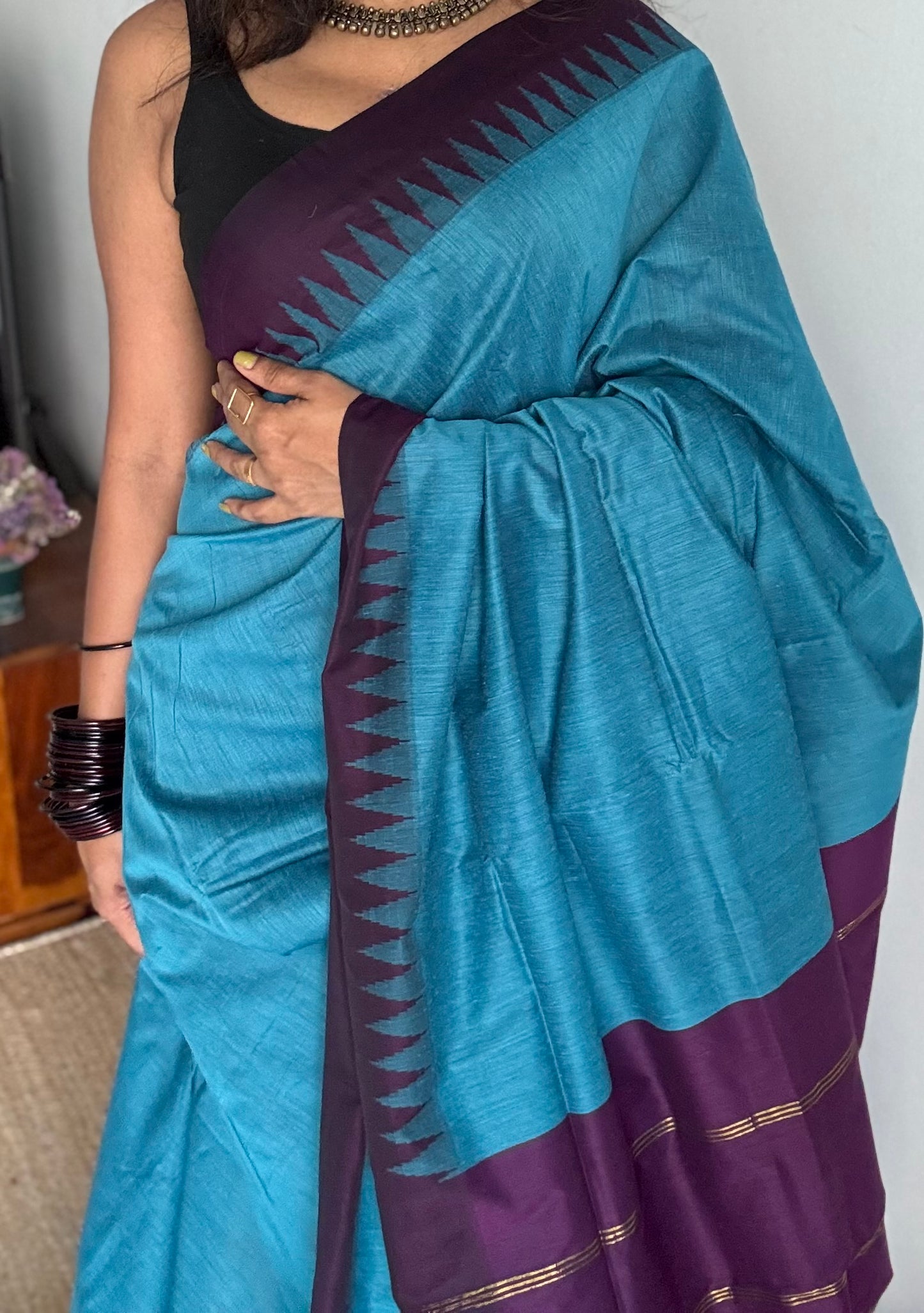 Blue with wine contrast, temple border saree, cotton silk - YCCOTNTBFE58