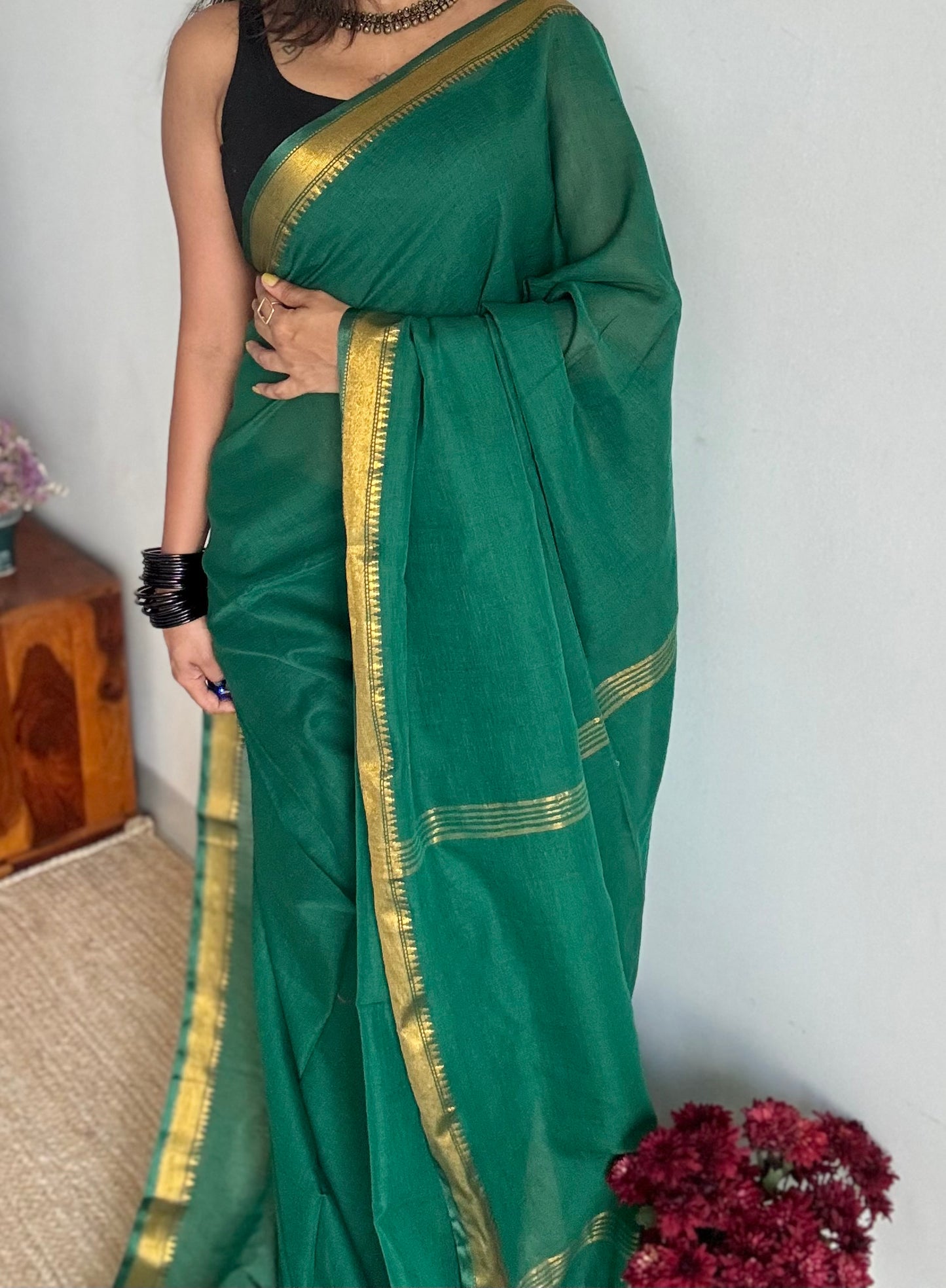 Dark green soft cotton with maheswari gold zari border - YCBCMCFE215