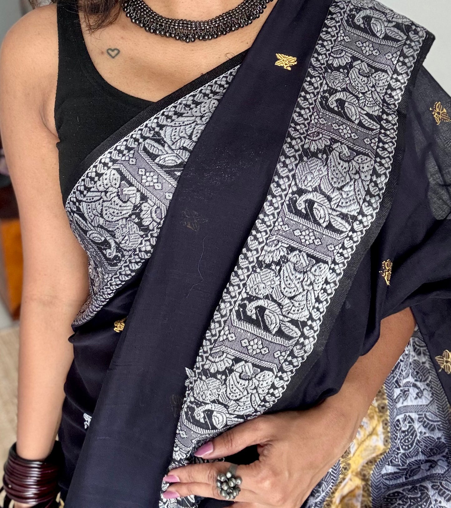 Black with white, Baluchari-inspired soft cotton handwoven saree - YCHOTEBCJA227