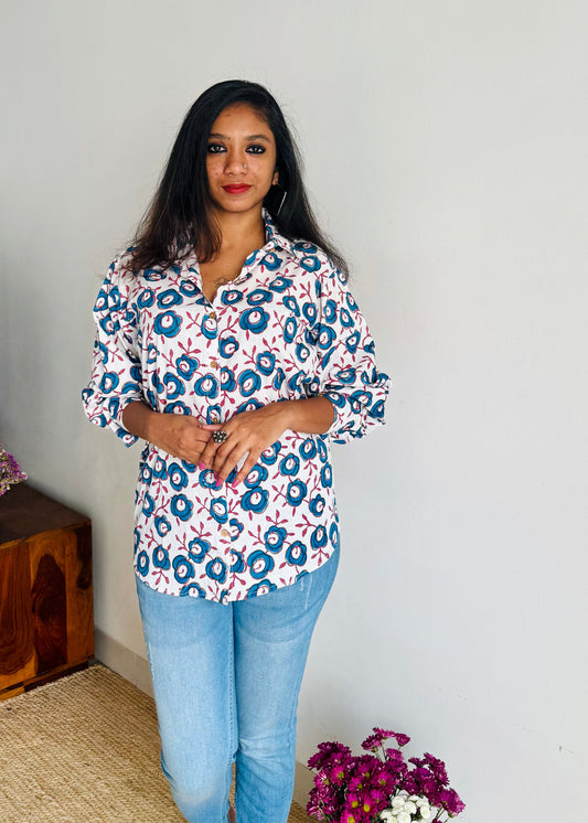 Ink Petals - blockprinted cotton stitched shirt, collared neck, full sleeves - YCSEBPSJA204