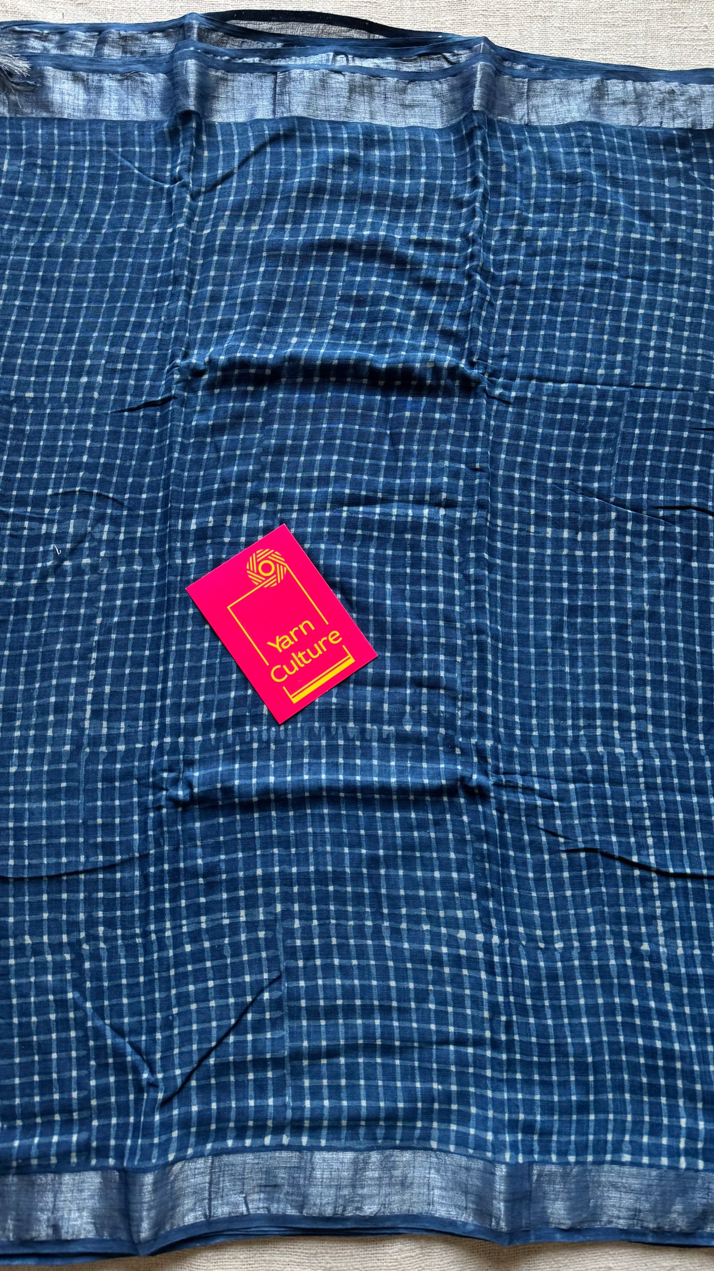 Indigo linen, small checks, silver zari border -YCTORNOP17