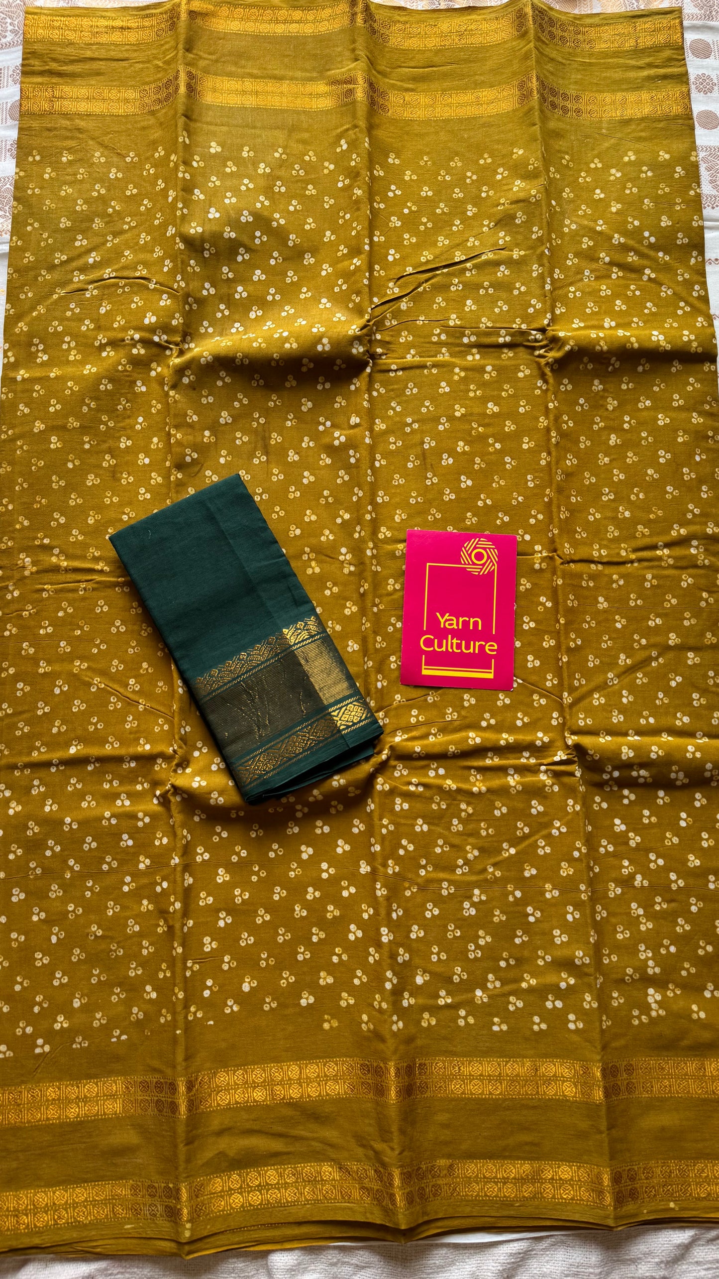 Ginger/mehendi green, wax dot printed sungudi, kattuchayam dyed madurai cotton - YCCOTNMSAP150