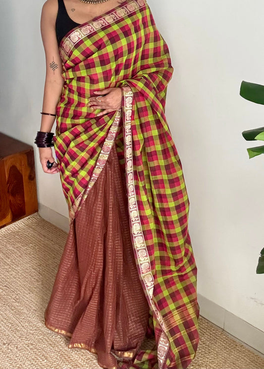 Multicoloured checks with brown, sungudi and chettinad cotton half-half saree - YCCOTNIDOC39