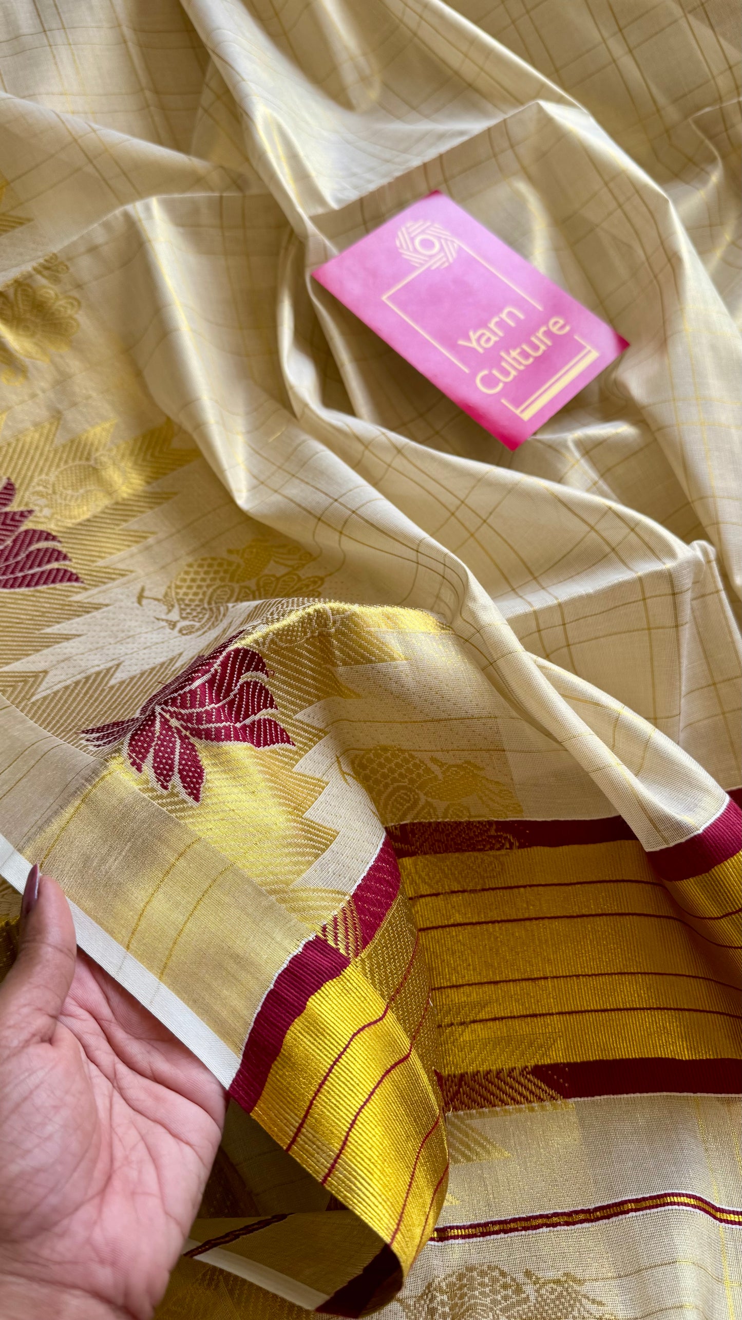 Ivory and gold kerala kasavu saree, maroon lotus motif border - YCIEON48