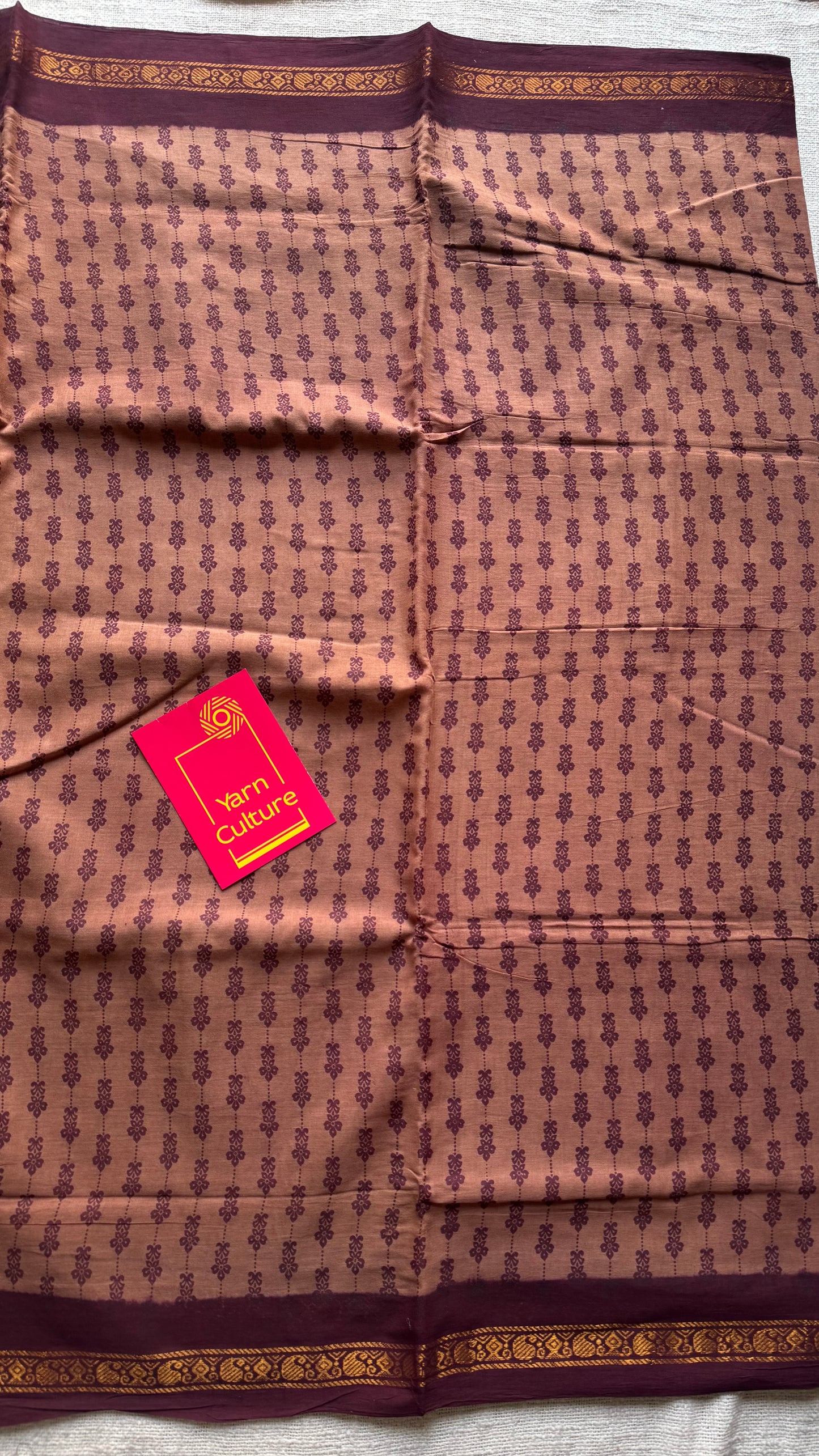 Madisar saree (9 yards) - Light brown with maroon, motif printed, kattuchayam dyed madurai sungudi cotton saree - YCCOTNMSFE78