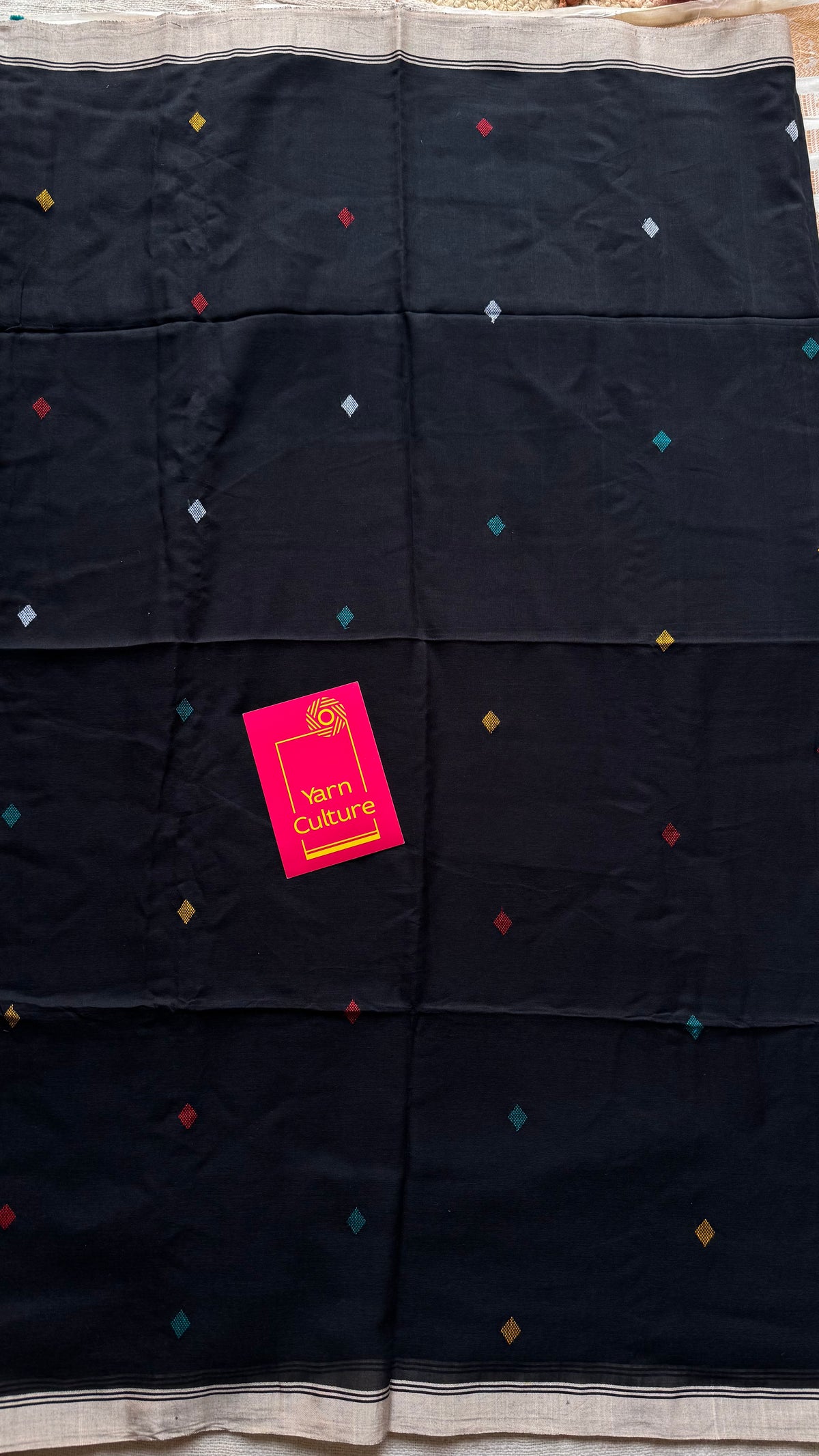 Handloom Bengal soft cotton saree, black with woven buttas and beige borders - YCBCMCSE37