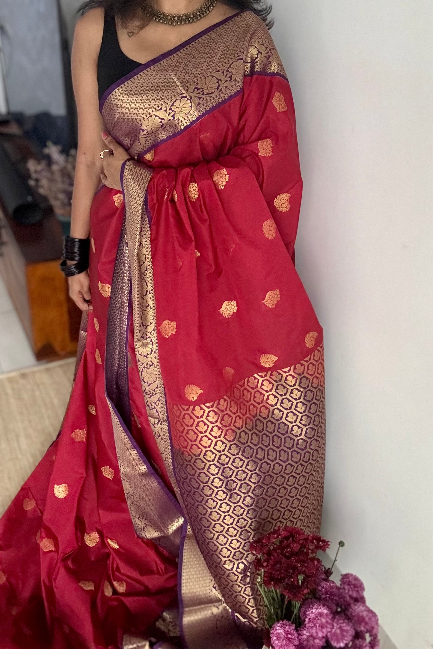 Ragini - crimson red with purple, handloom korvai semi silk - YCCOTNFEJUKS04