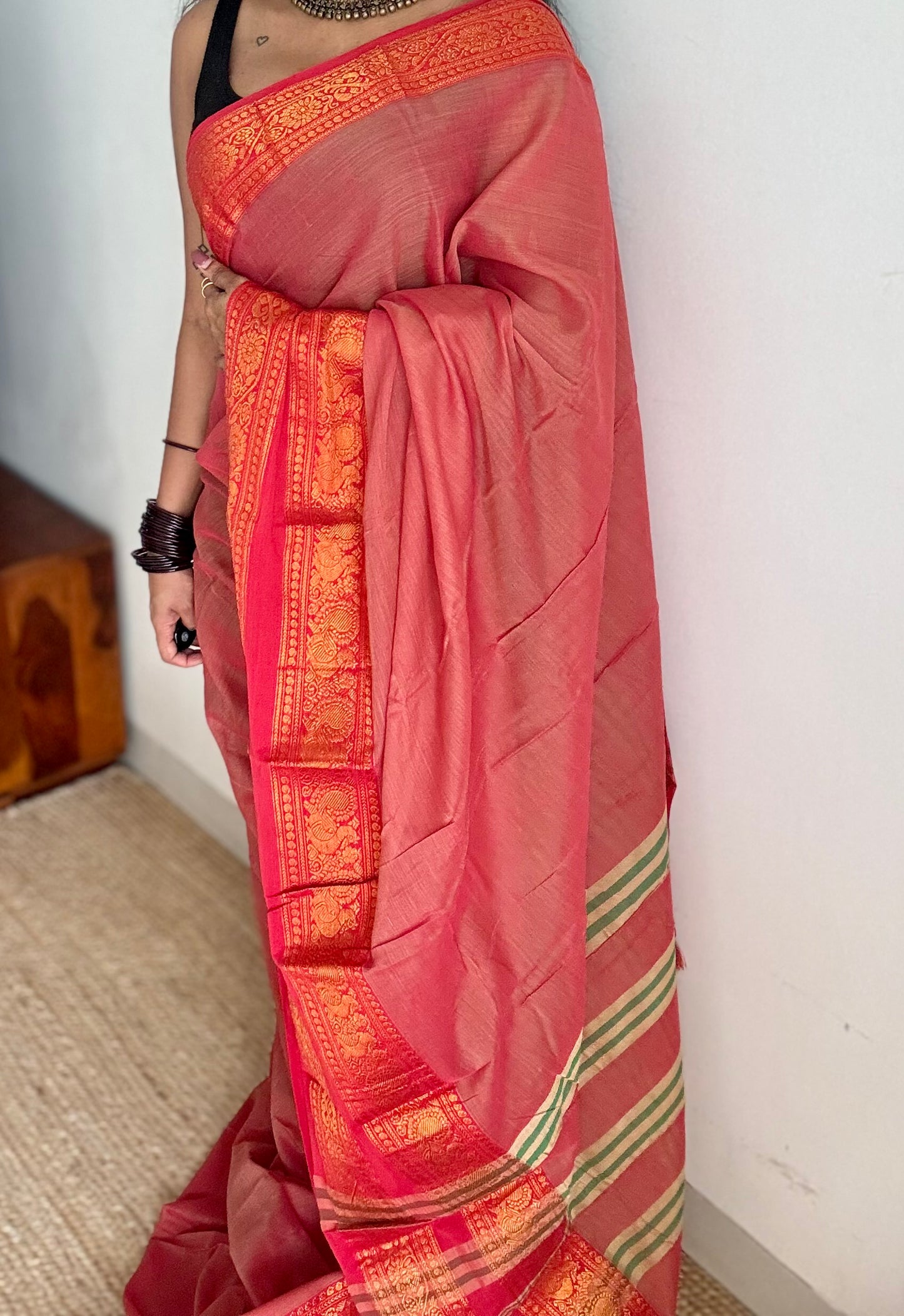 Light red with red wide border, narayanpet soft cotton saree -YCWOTDAUG04