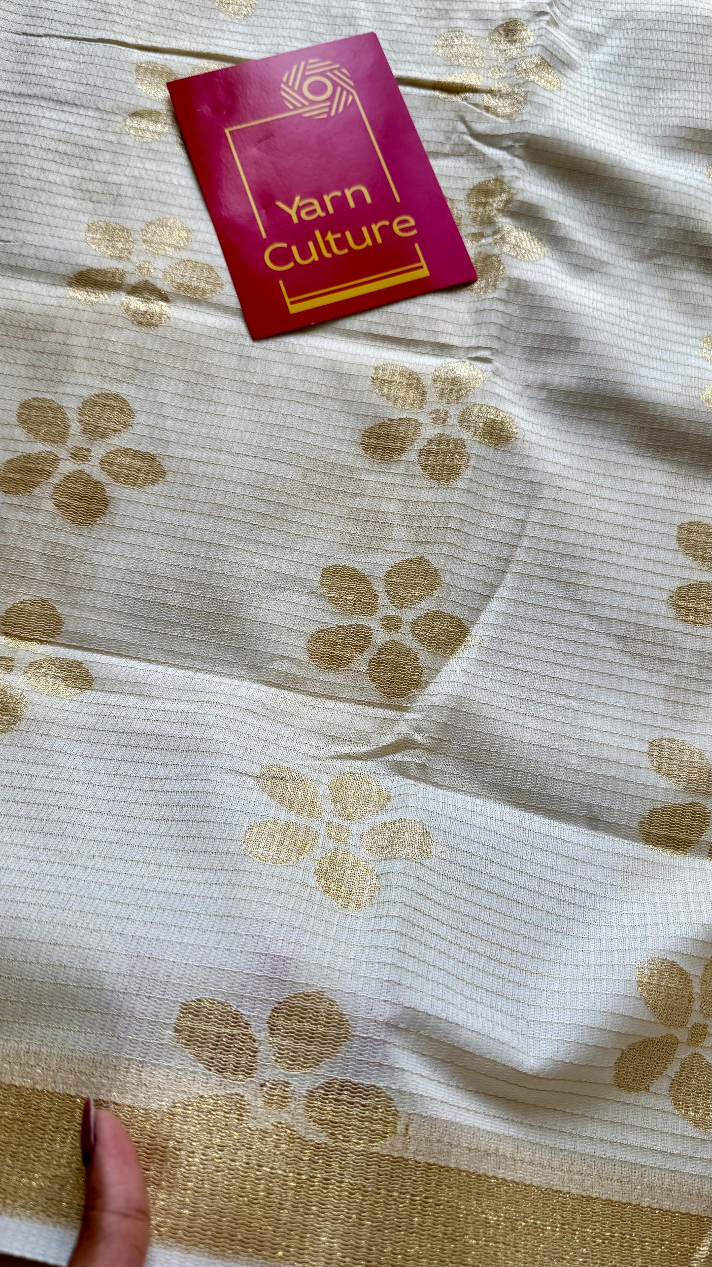 Ivory and gold soft net cotton saree, gold floral prints - YCIEON64