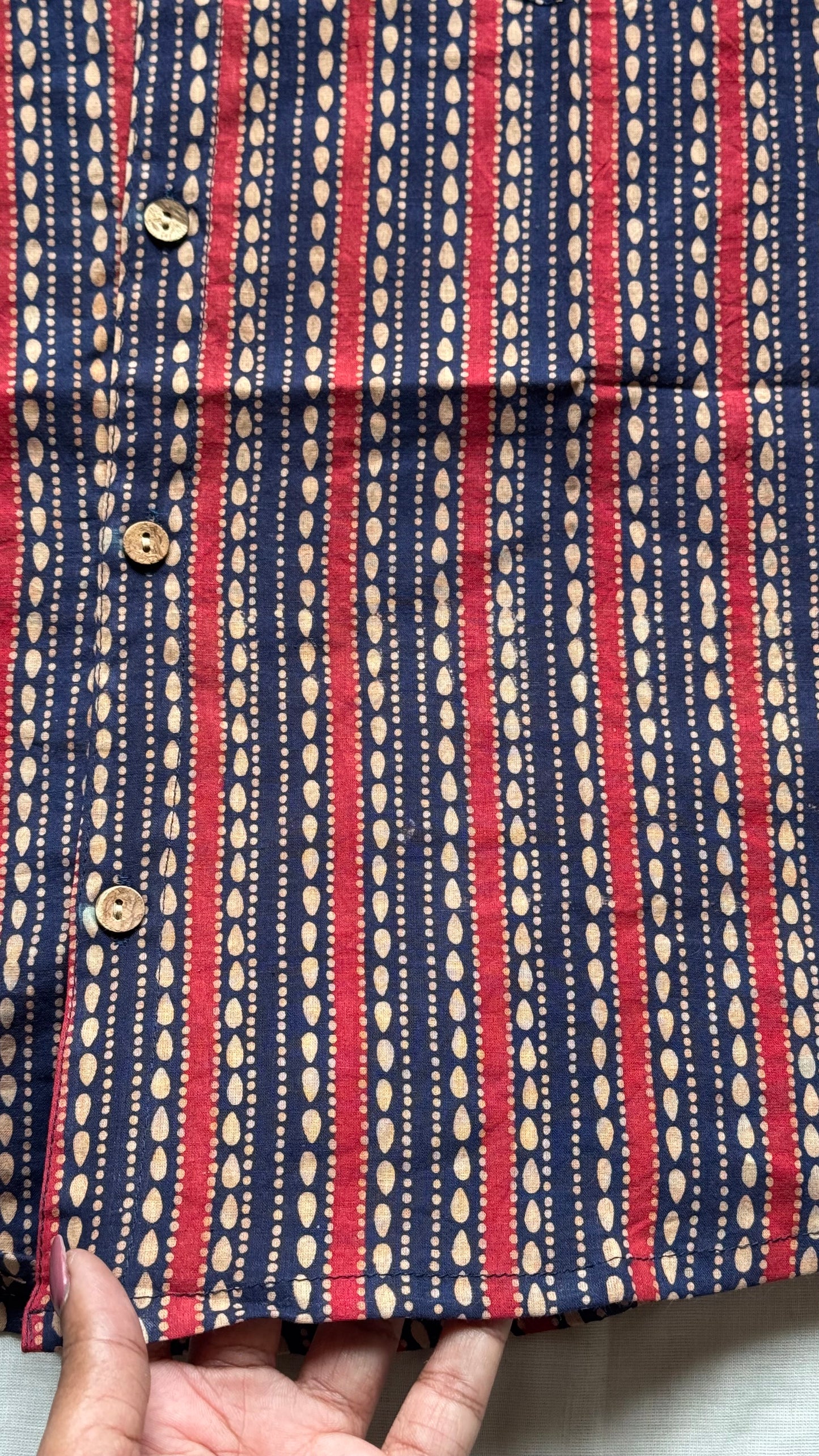 Dark Blue & Red Striped Block Printed Cotton Men's Half Sleeve Mandarin Collar Kurta Shirt - YCMSEIE185