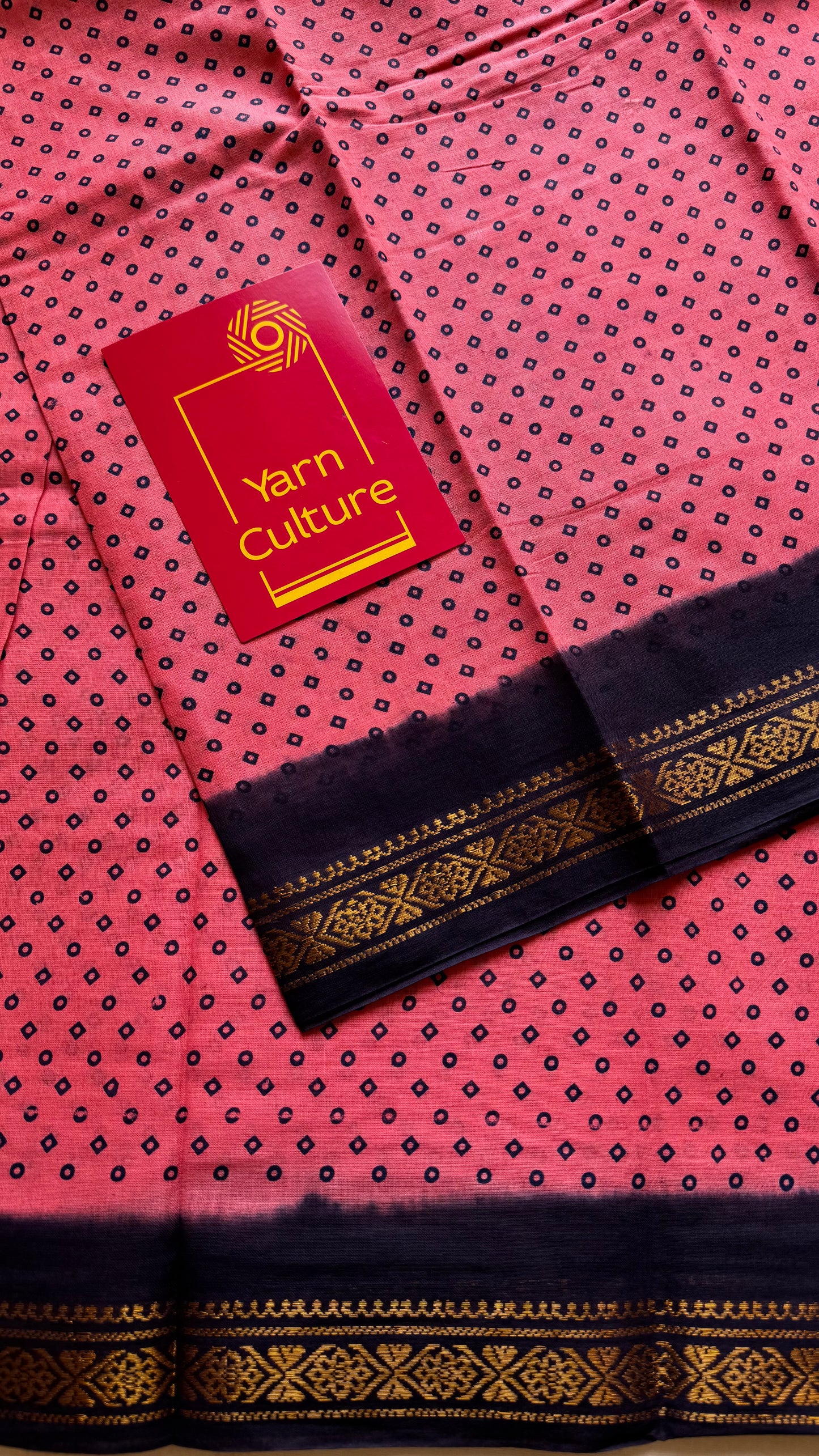 Peach pink with navy blue contrast, kattuchayam dyed madurai cotton saree - YCCOTNMA250