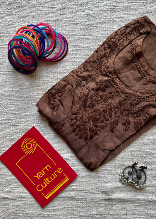 Light brown muslin chikankari with bakhiya work, stitched kurta, round neck, sleeveless - YCSECKJA170