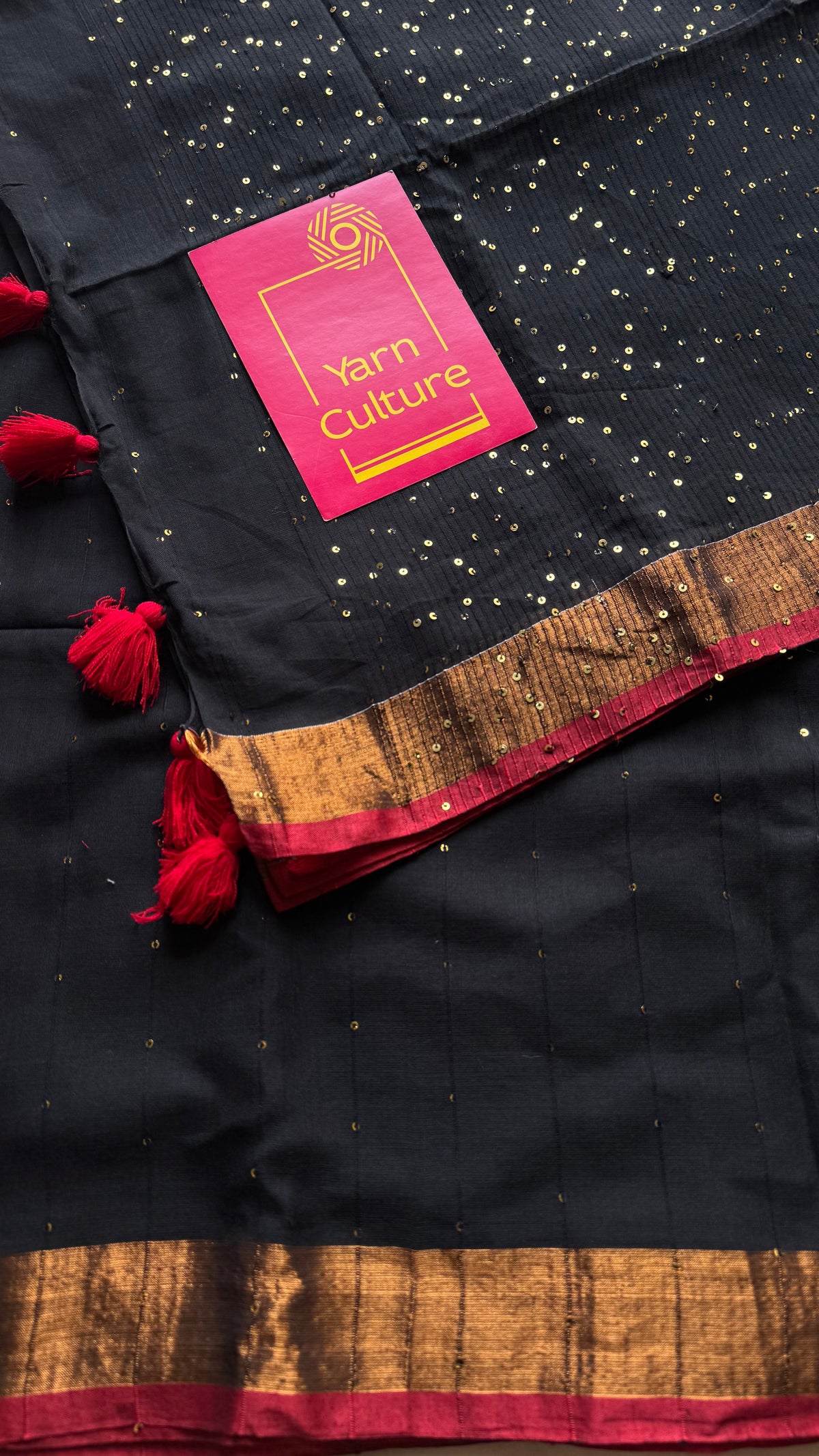 Black mul cotton saree with sequins and zari border - YCBCMCSE29