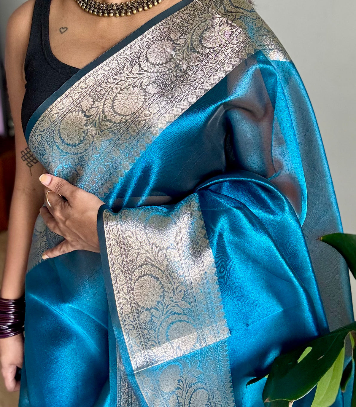 Peacock blue tissue Banarasi saree with zari border - YCBLTOC86