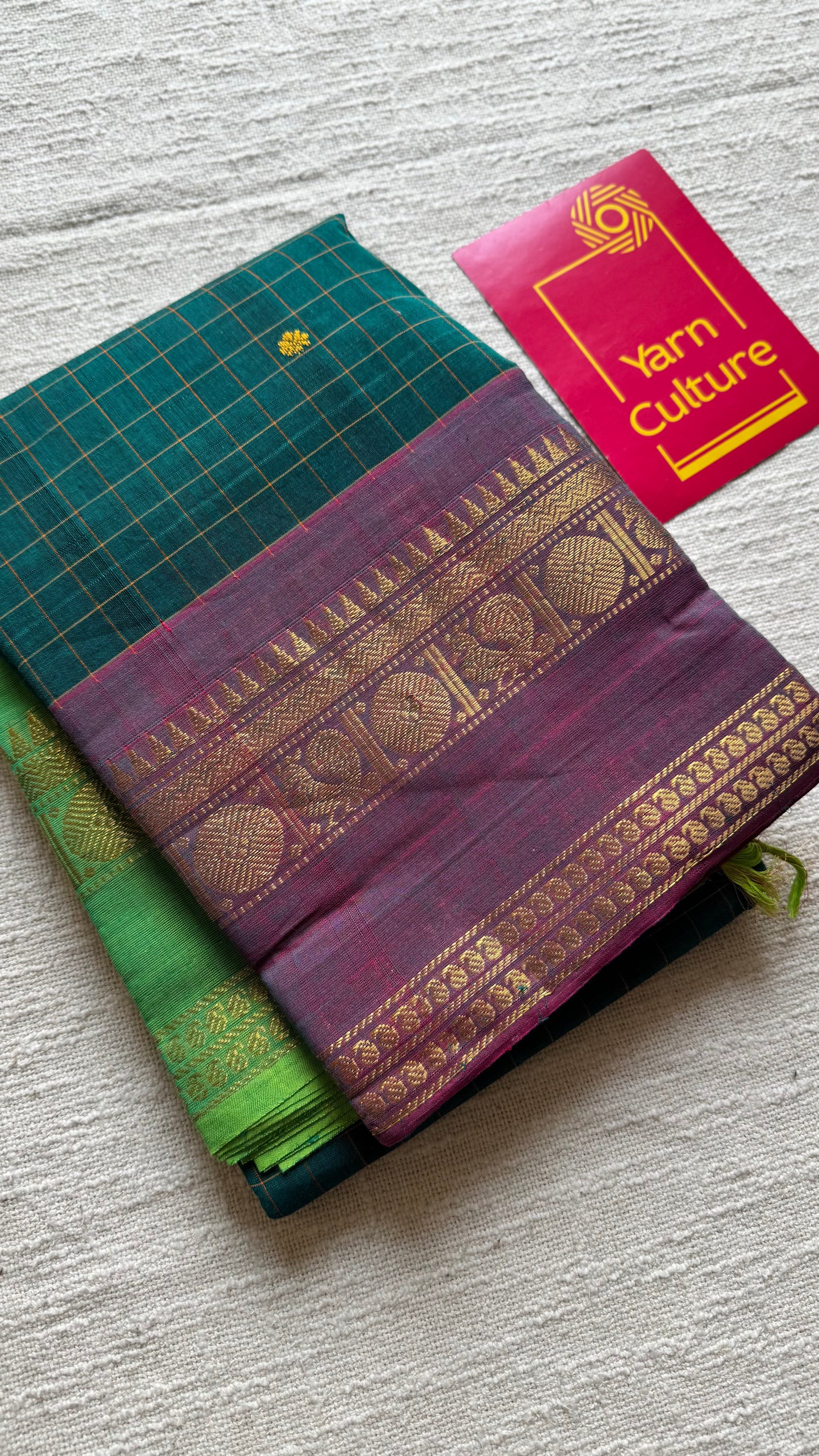 Kanchi cotton saree, green checks with wine and bright green dual toned border - YCCOTNAP76